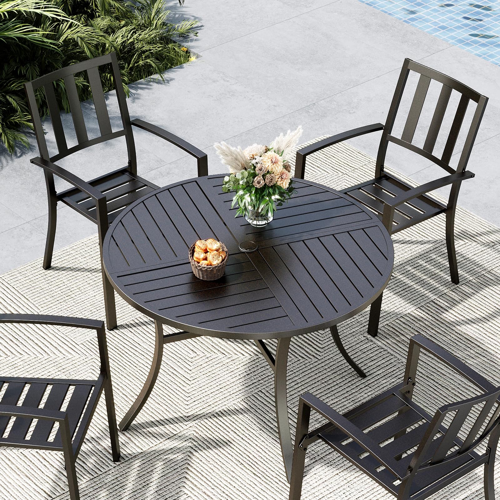 MFSTUDIO 42 Inch Outdoor Dining Table with Adjustable Umbrella Hole - All-Weather Metal Round Patio Table for Backyard, Garden, Lawn - Perfect for Outdoor Entertaining, BBQ Parties & Family Gatherings
