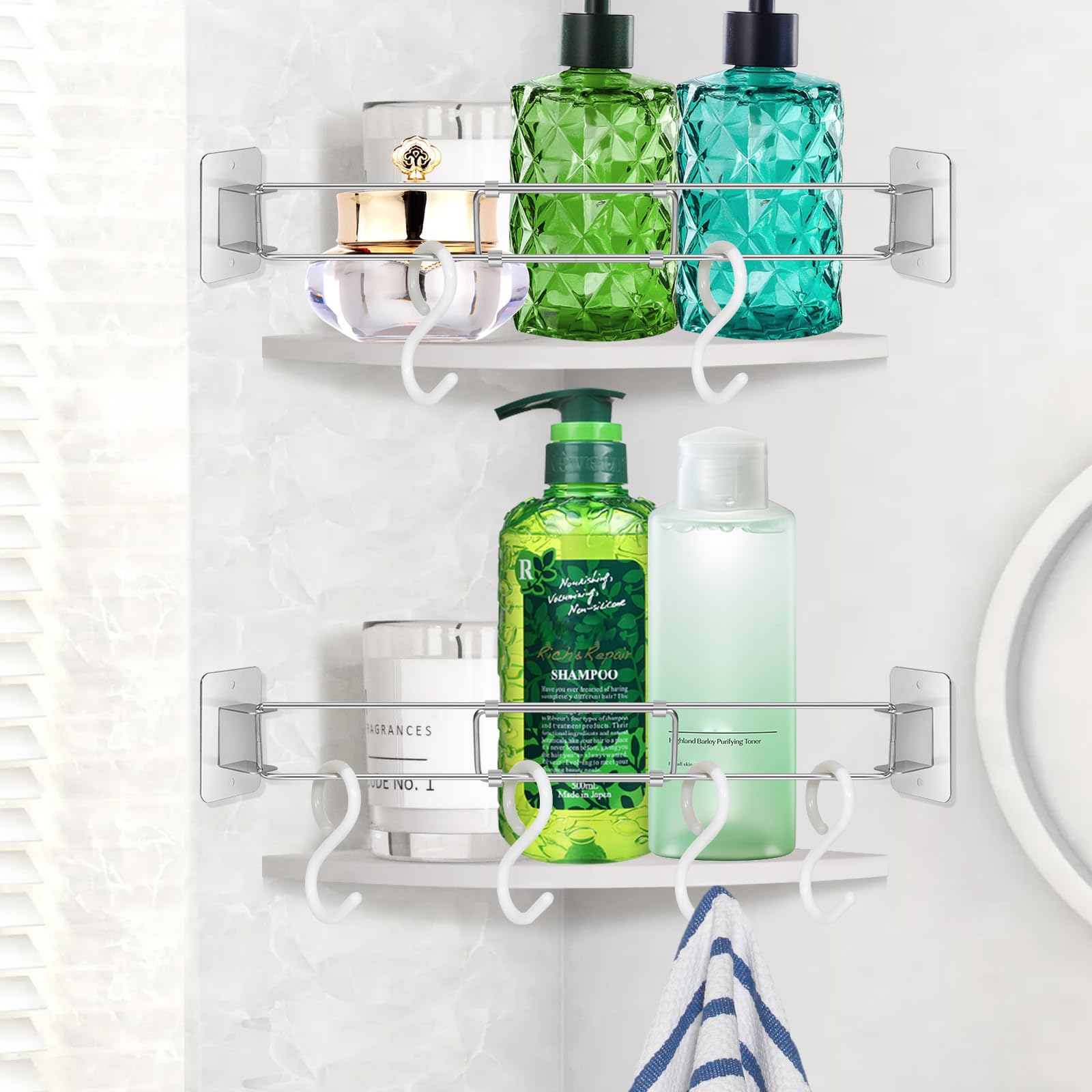 2 Pack Adjustable Stainless Steel RV Shower Tension Rods with 6 Hooks - Space Saving Bathroom Organizer for RV, Camper, Travel Trailer - Perfect for Hanging Toiletries, Towels & Shower Accessories in Small Spaces