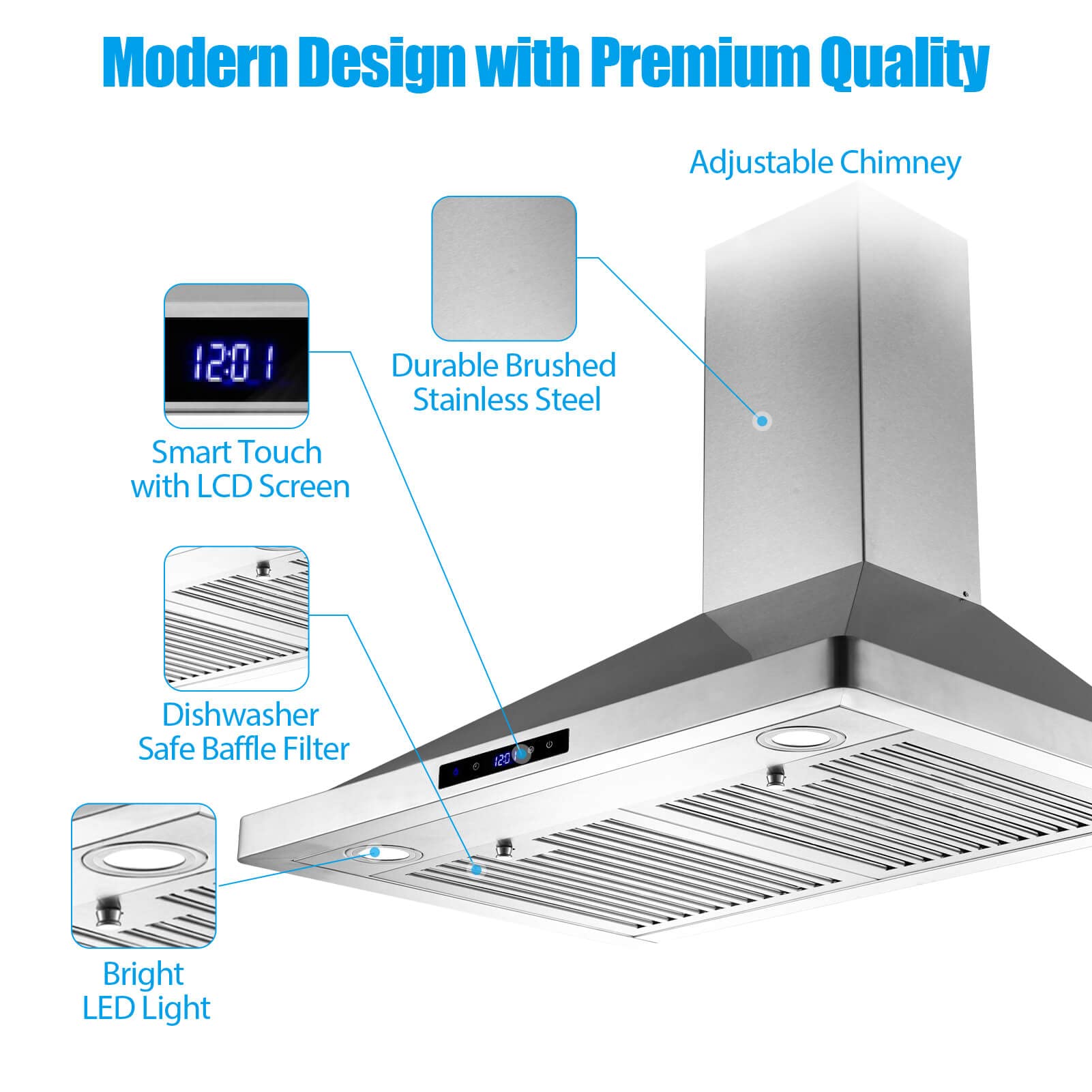 30 Inch Stainless Steel Wall Mount Range Hood - 700 CFM Convertible Ducted/Ductless Kitchen Exhaust Fan with Touch Control, 3 Speed Settings & LED Lights | Permanent Filters for Easy Maintenance | Perfect for Modern Kitchens, Apartments & Open Concept Homes