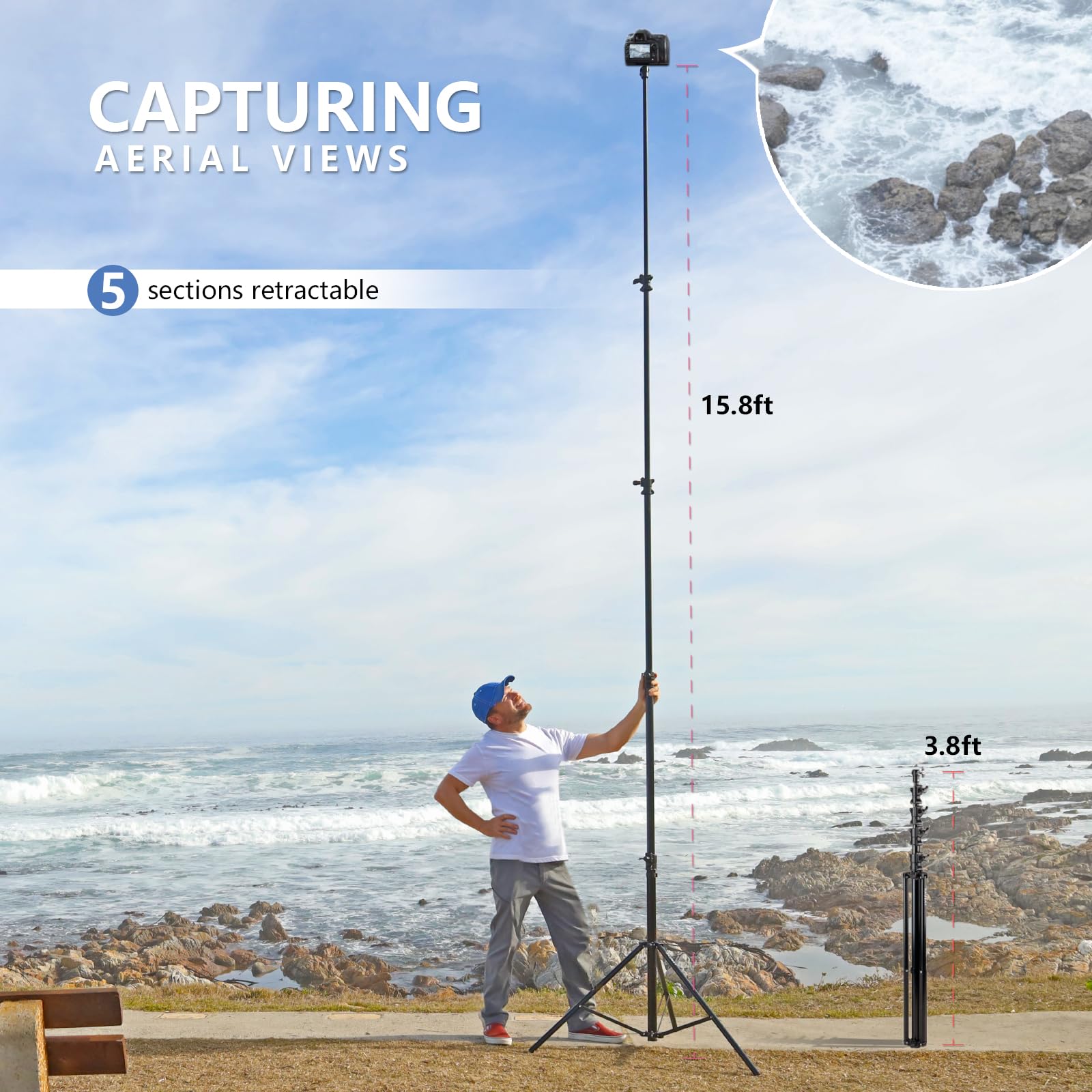RAUBAY 16' Heavy Duty Professional Sky High Tripod - Extreme Tall Aluminum Alloy Video Camera Stand with Air-Cushioned Telescoping Legs & 1/4