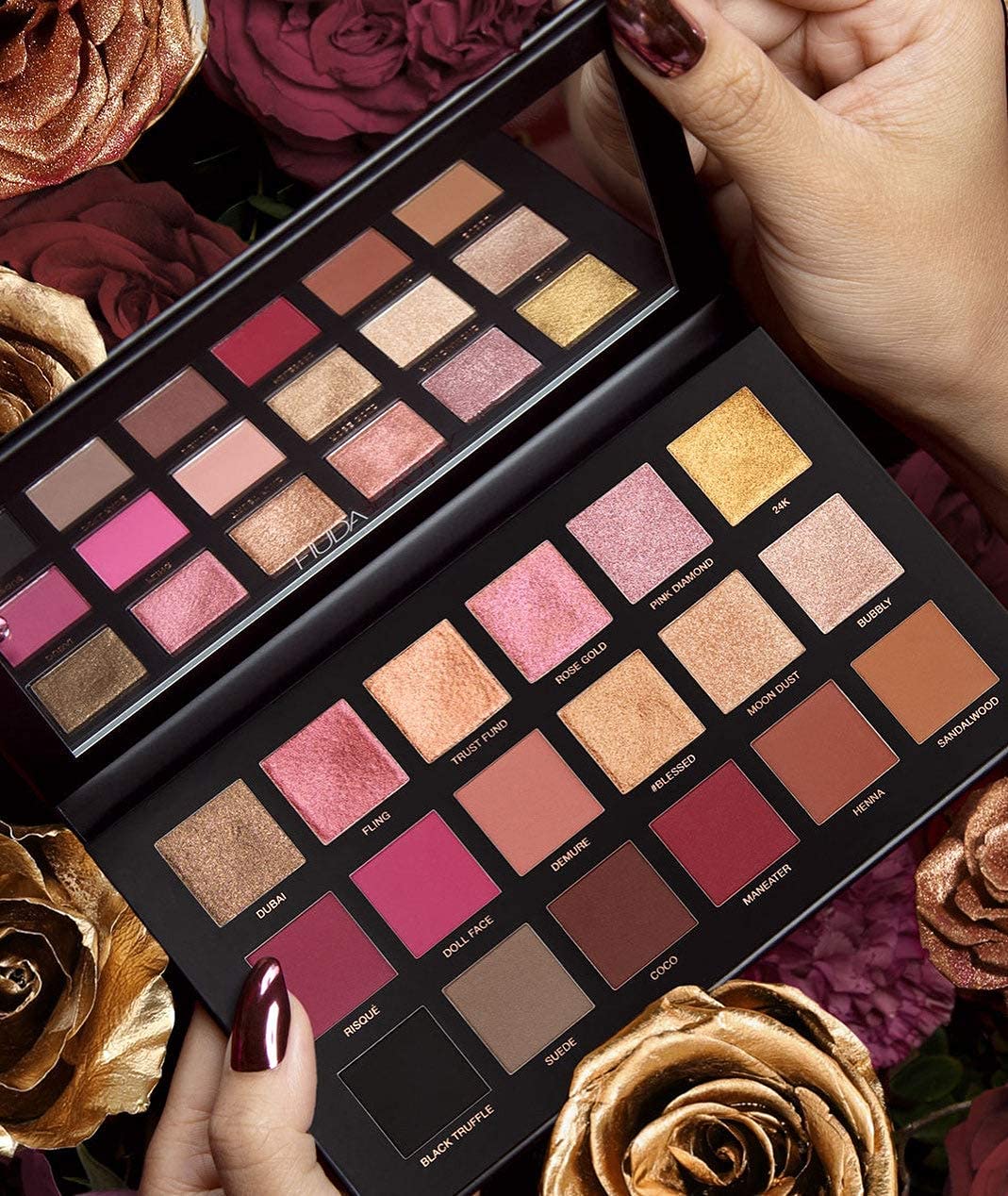 VELORA 18-Color Rose Gold Eyeshadow Palette with 7-Piece Makeup Brush Set & Blender Sponge - Shimmery, Matte & Glitter Finishes for Professional Makeup | Perfect for Daily Use, Parties & Special Occasions