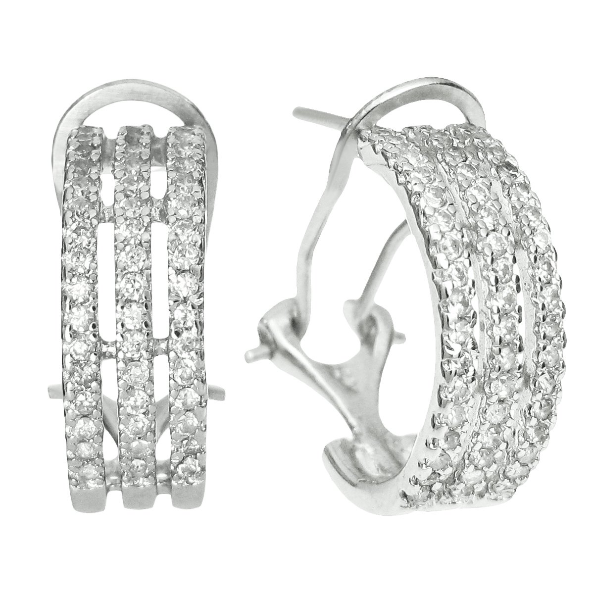 Rhodium-Plated Sterling Silver Half Hoop Earrings with Clear Cubic Zirconia - French Clip Back for Secure Fit | Elegant Jewelry for Parties, Weddings & Everyday Wear