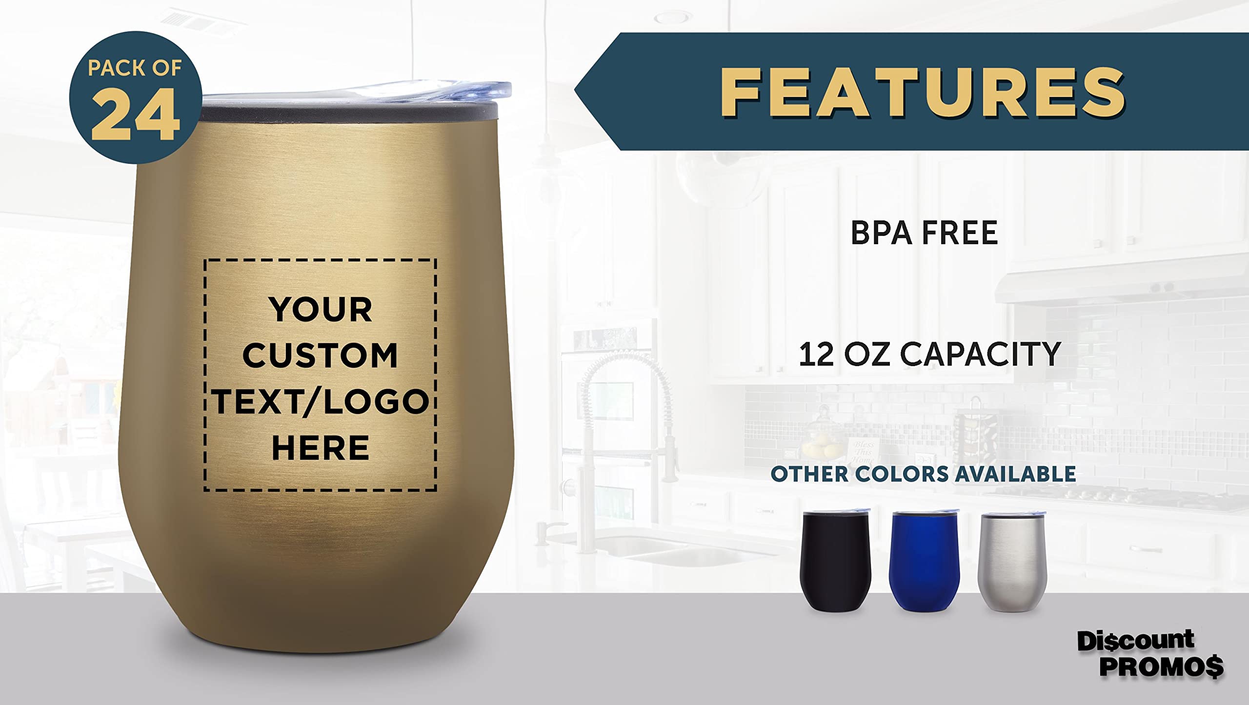 Personalized 12 oz Stemless Wine Tumblers Set of 24 - Insulated Gold Custom Drinkware for Wine, Cocktails, Hot & Cold Beverages - Perfect for Weddings, Parties, Restaurants & Corporate Events