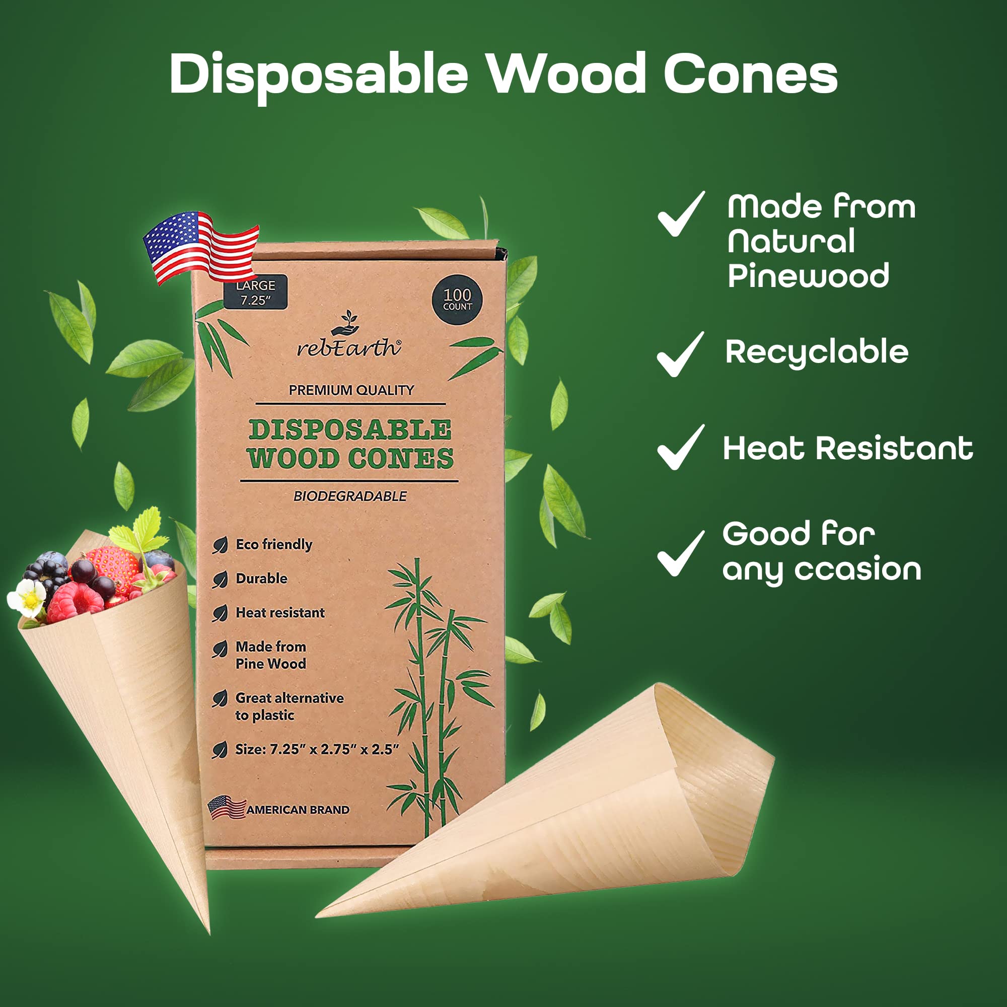 Eco-Friendly Disposable Pinewood Cones - 100 Count 7.25