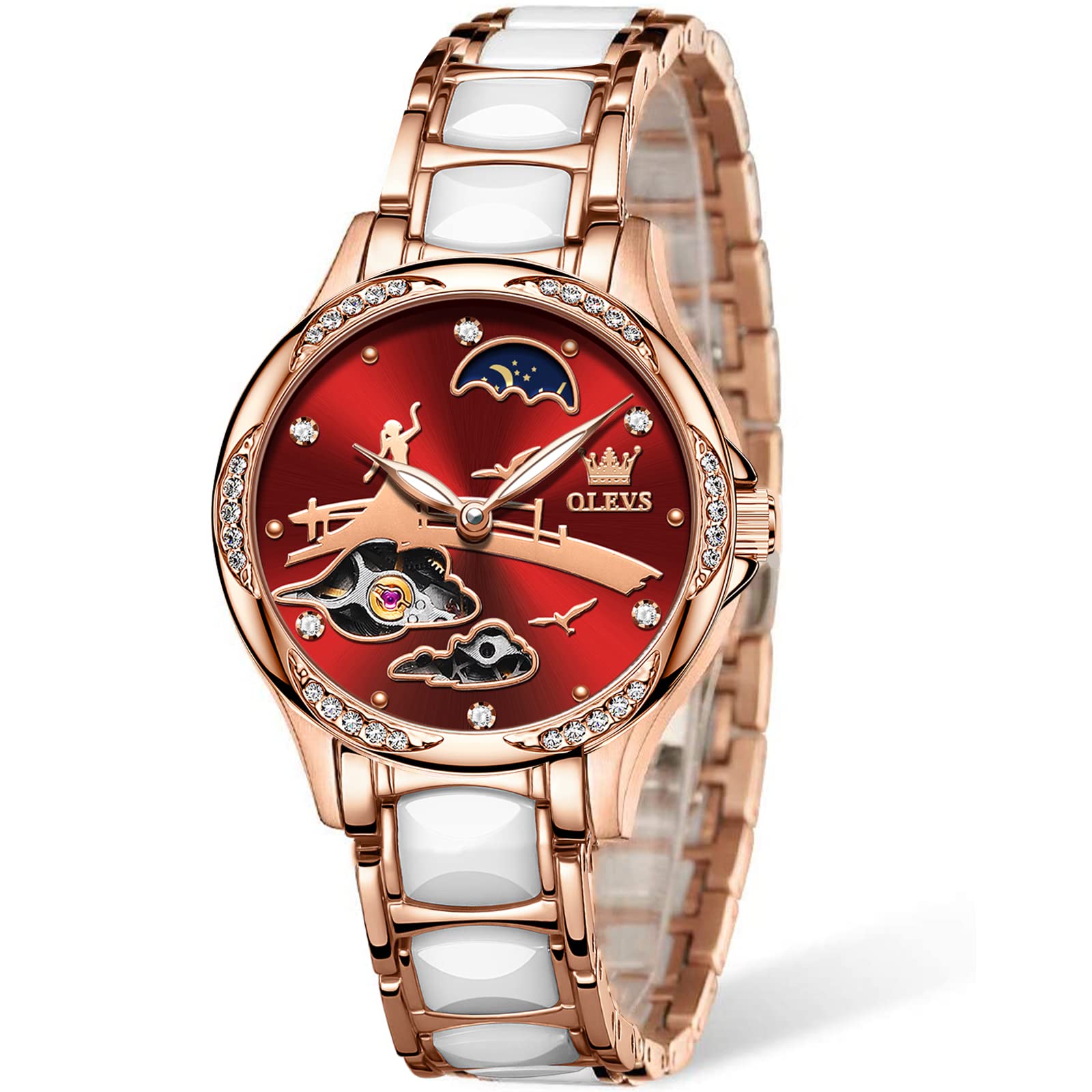 Luxury Rose Gold Women's Watches with Ceramic Stainless Steel Band - Automatic Mechanical Movement, Waterproof Luminous Hands & Calendar - Elegant Diamond Accent Ladies Watch in Red/Blue/White Dial (No Battery Needed) - Perfect for Office Wear, Evening Events & Special Occasions