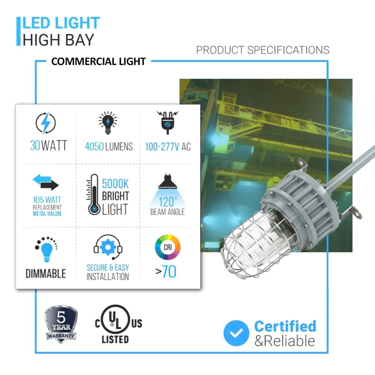 30W LED Explosion Proof Jelly Jar Light - G Series Dimmable 5000K 4050LM (100-277V AC) IP66 Rated for Hazardous Locations - Perfect for Oil Rigs, Chemical Plants & Industrial Facilities