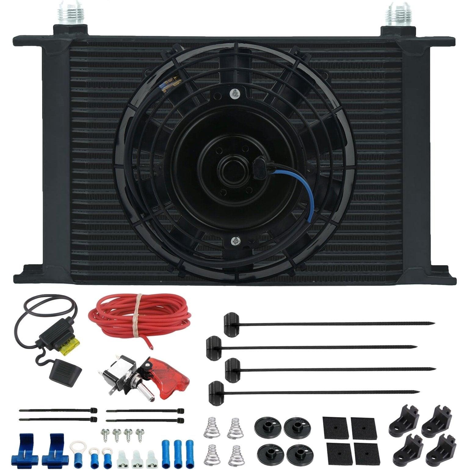 25 Row Transmission Oil Cooler with 12V Electric Cooling Fan & Toggle Switch Wiring Kit - Perfect for Off-Road Trucks, Racing Cars & Heavy-Duty Vehicles