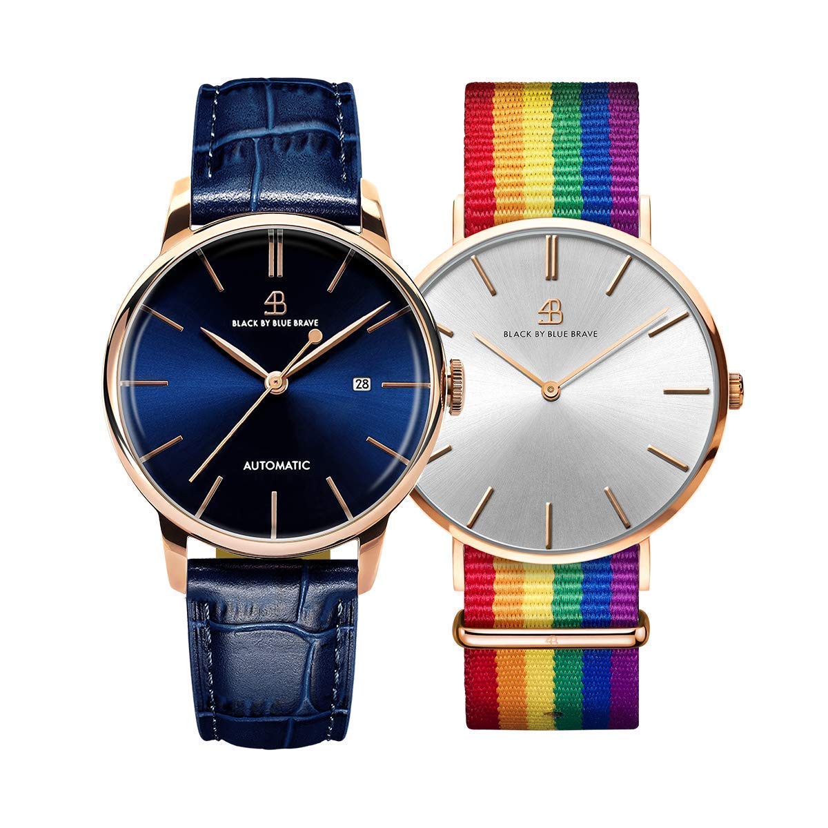 BlackByBlue Brave Couples Watch Set - 42MM Automatic Men's Watch with Leather Strap & 40MM Minimalist Quartz Women's Watch with Rainbow Nylon Band - Perfect for Anniversary Gifts, Valentine's Day & Matching Couple Style