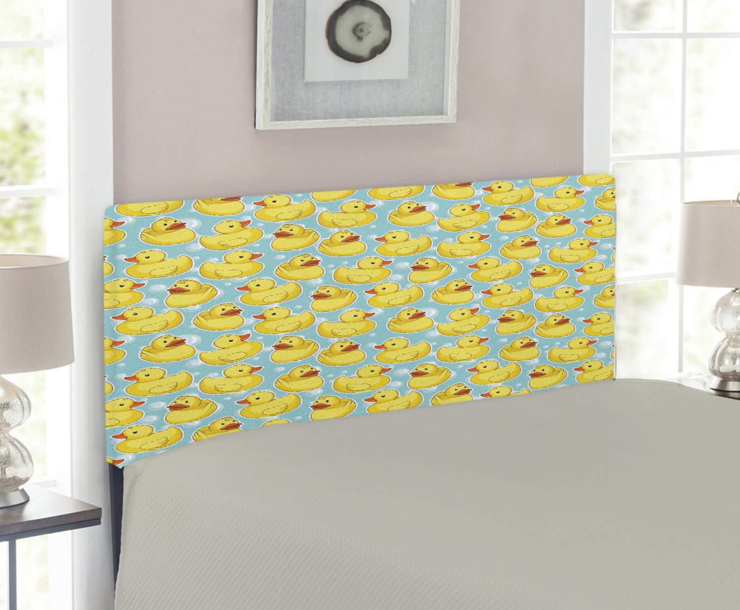 Lunarable Duckies Upholstered Headboard - Sketch Style Rubber Duck & Bath Bubbles Design, Twin Size Metal Bed Frame with Memory Foam in Seafoam Orange & Yellow - Perfect for Kids' Bedrooms, Nursery Decor or Whimsical Home Interiors