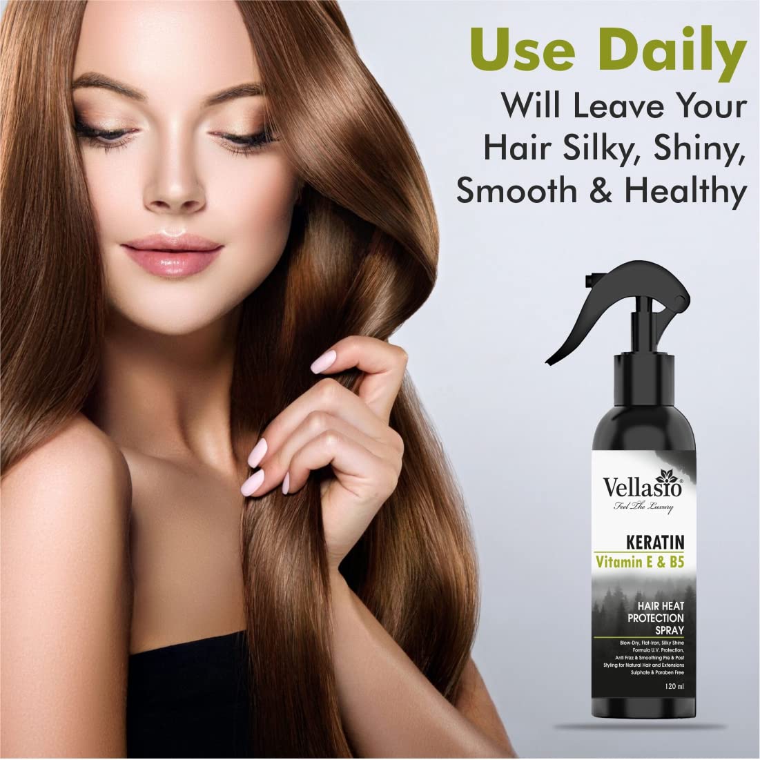 Vellasio Natural Heat Protectant Spray with Moroccan Argan Oil & Grape Seed Oil - Sulfate & Paraben Free Hair Styling Spray for Straighteners & Flat Irons - 120ml for Men & Women - Perfect for Daily Styling & Salon Use