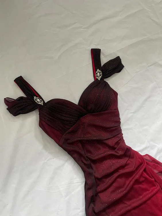 Elegant Burgundy A-Line Shiny Long Prom Dress with Ruffles - Perfect for Evening Gowns, Formal Dances & Special Occasions | Style J2599