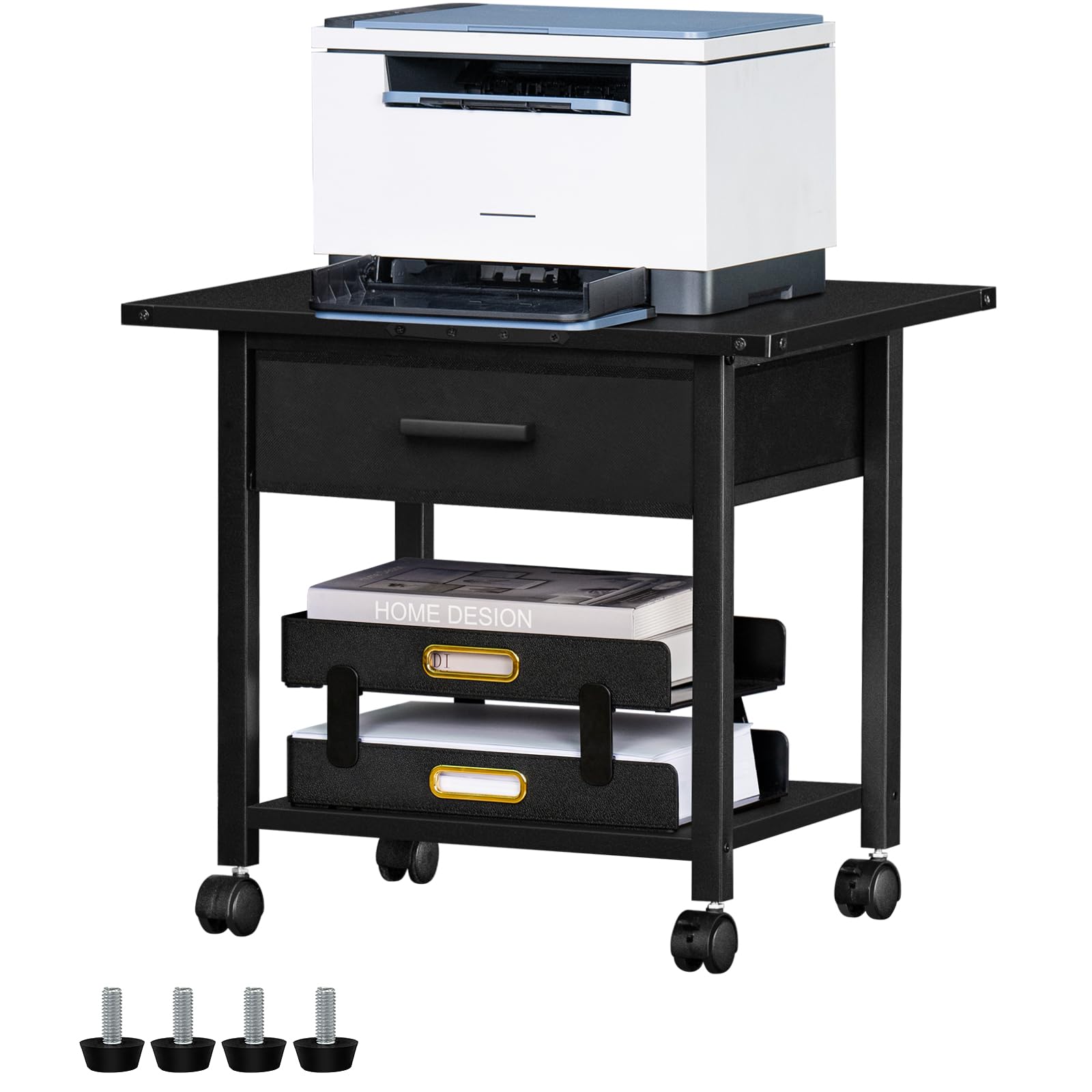 Lerliuo Under Desk Rolling Printer Stand with Drawer - 2-Tier Industrial Mobile Printer Cart with Storage Shelf & Steel Frame - Lockable Wheels for Home & Office (Black) | Perfect for Compact Spaces, Document Organization & Workspace Efficiency