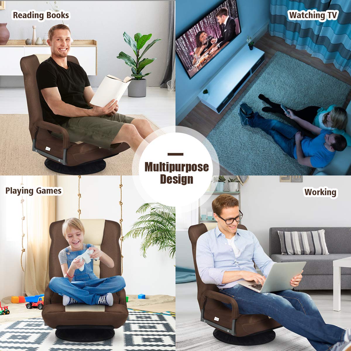 Giantex 360 Degree Swivel Floor Chair - Adjustable Backrest with Lumbar Support & Armrests, Foldable Lazy Sofa Rocker for Living Room, Bedroom, Gaming, TV Watching, Reading - Beige/Brown Home Comfort Chair