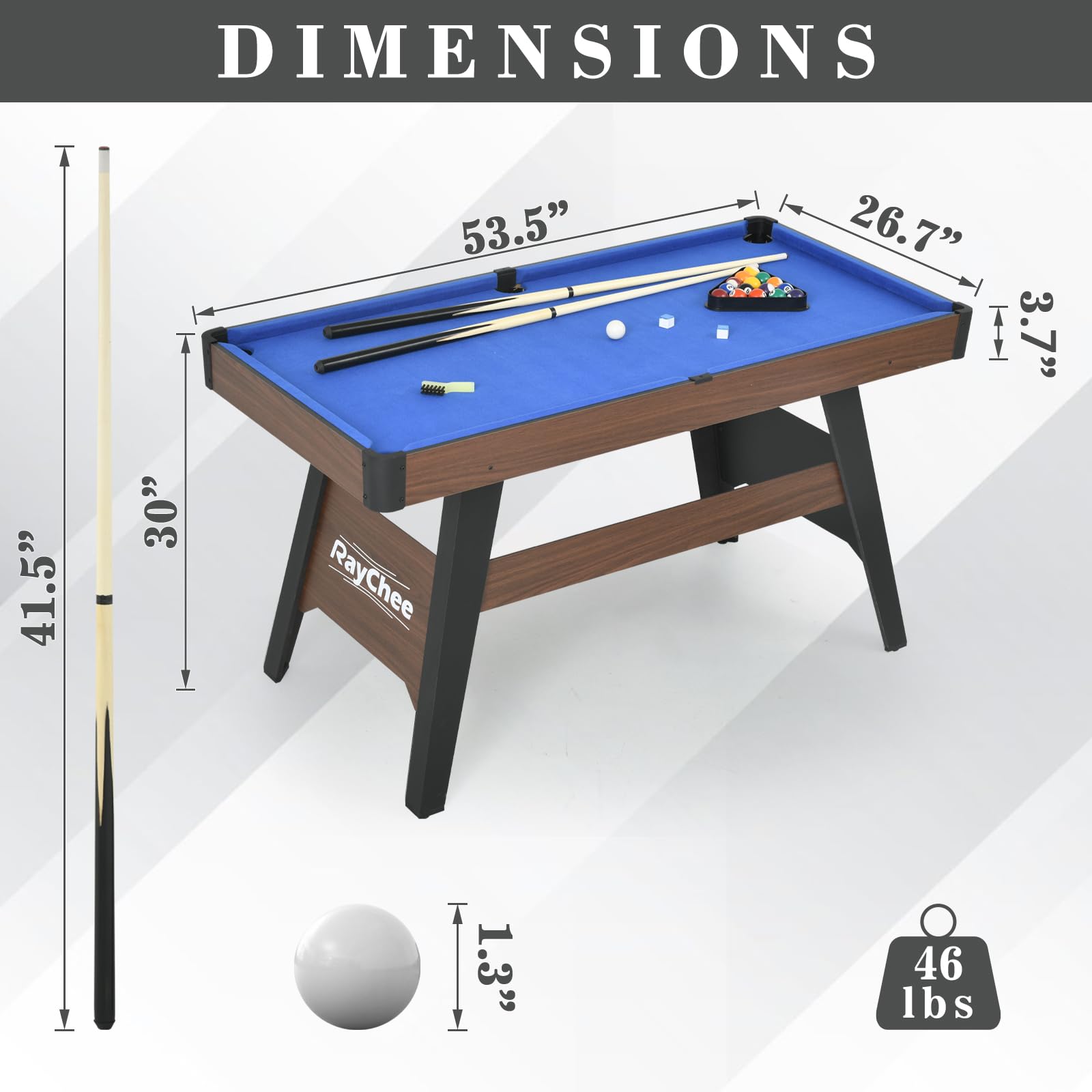 4.5Ft Portable Pool Table for Kids & Adults - Mini Billiards Game Set with 2 Cue Sticks, Balls, Triangle, Chalk & Brush - Perfect for Family Game Nights, Home Bars, and Gym Room Entertainment