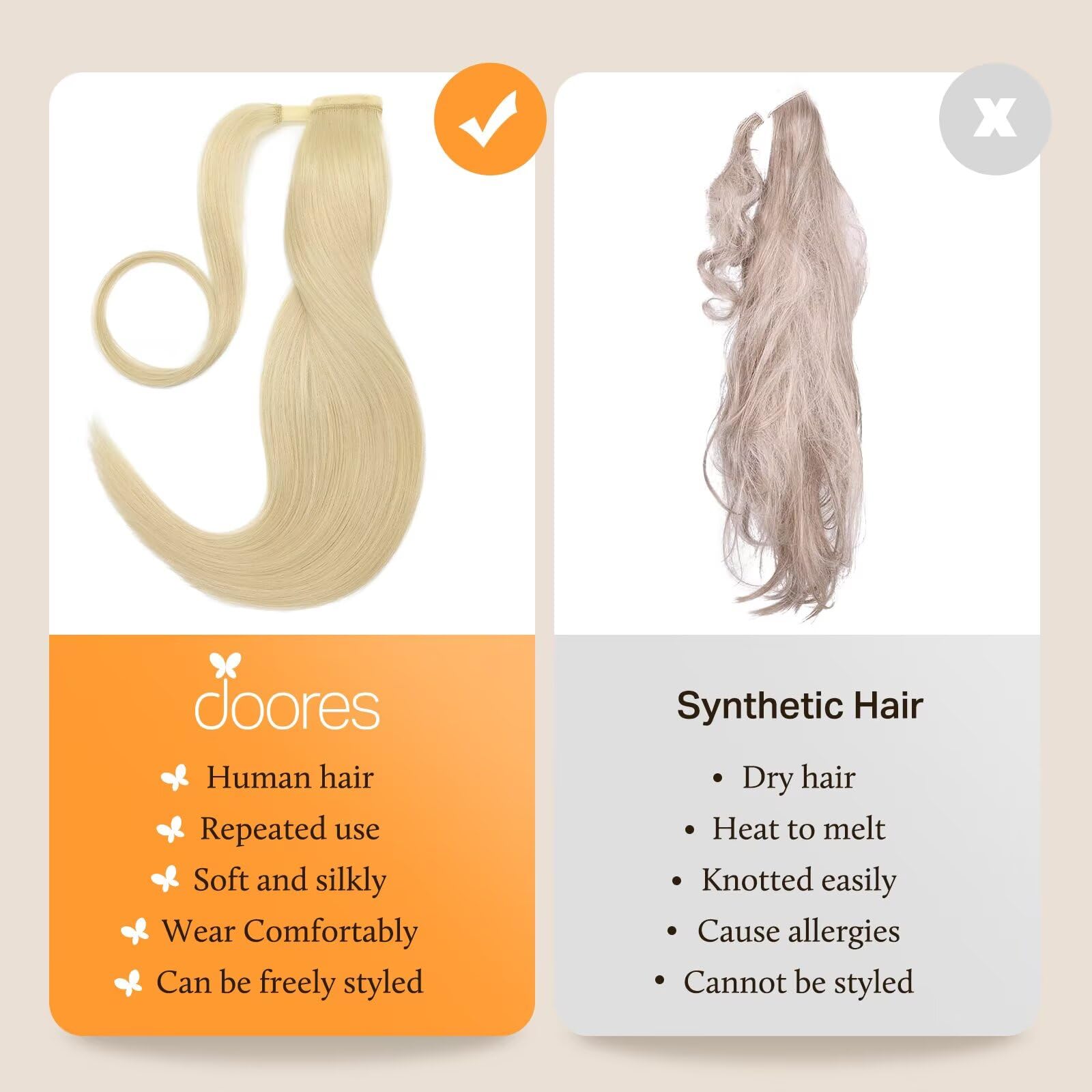 DOORES 16 Inch Clip in Human Hair Ponytail Extensions - Bleach Blonde 80g Real Hair Ponytail Wrap with Magic Paste for Silky Straight Hair - Perfect for Parties, Weddings & Daily Styling