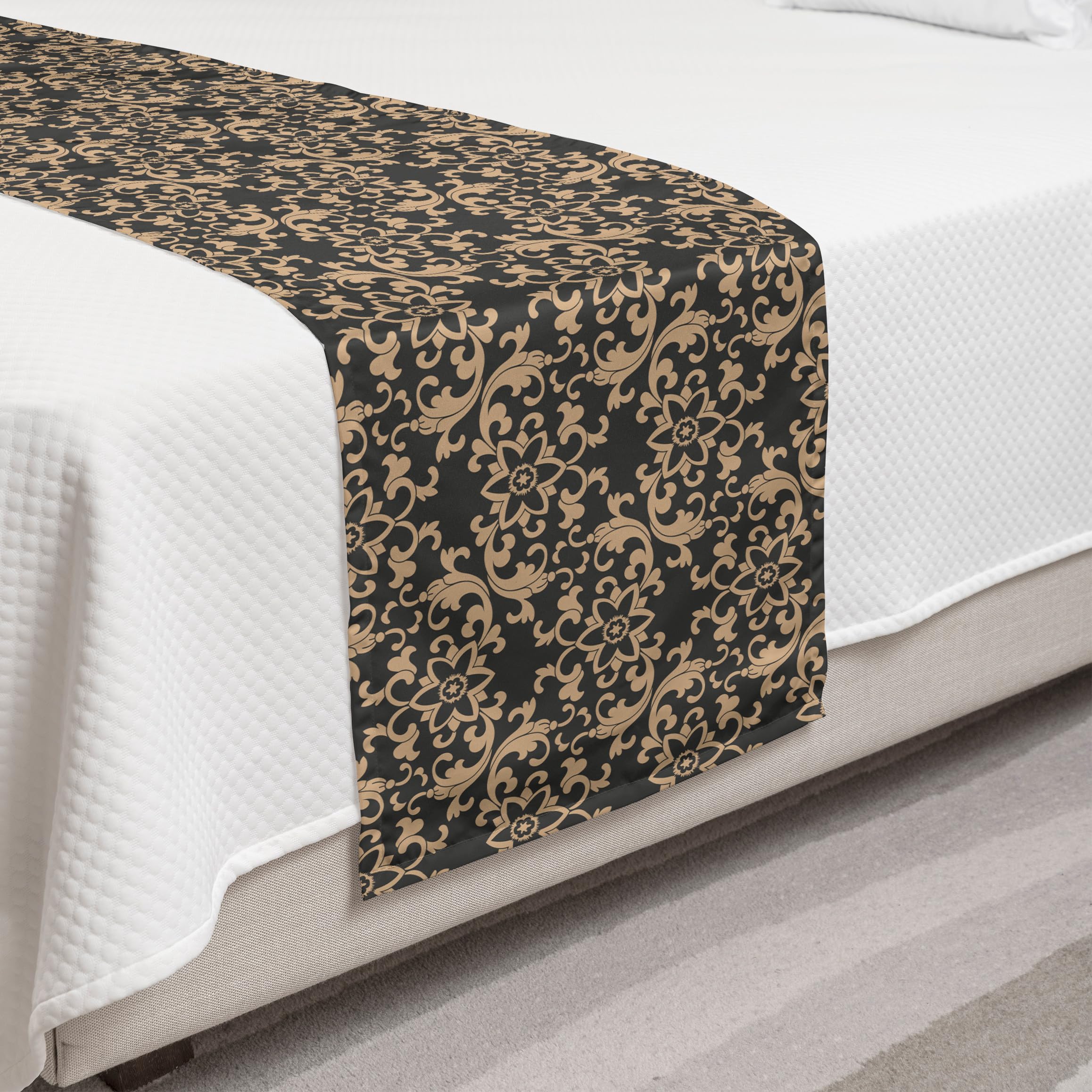 Ambesonne Antique Oriental Bed Runner - Eastern Spiral Damask Floral Design Decorative Bed Scarf for Hotels, Homes & Guest Rooms in Tan/Dark Sepia | Perfect for Bedroom Decor, Wedding Accents & Luxury Interior Styling