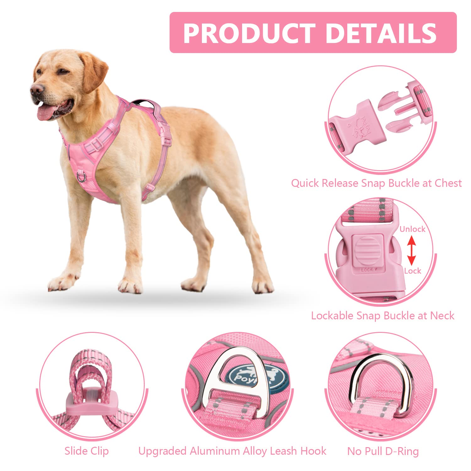PoyPet No Pull Dog Harness - Reflective Adjustable Pet Vest with Padded Handle for Small Medium Large Dogs - Light Pink XL - Perfect for Walking, Training & Nighttime Safety