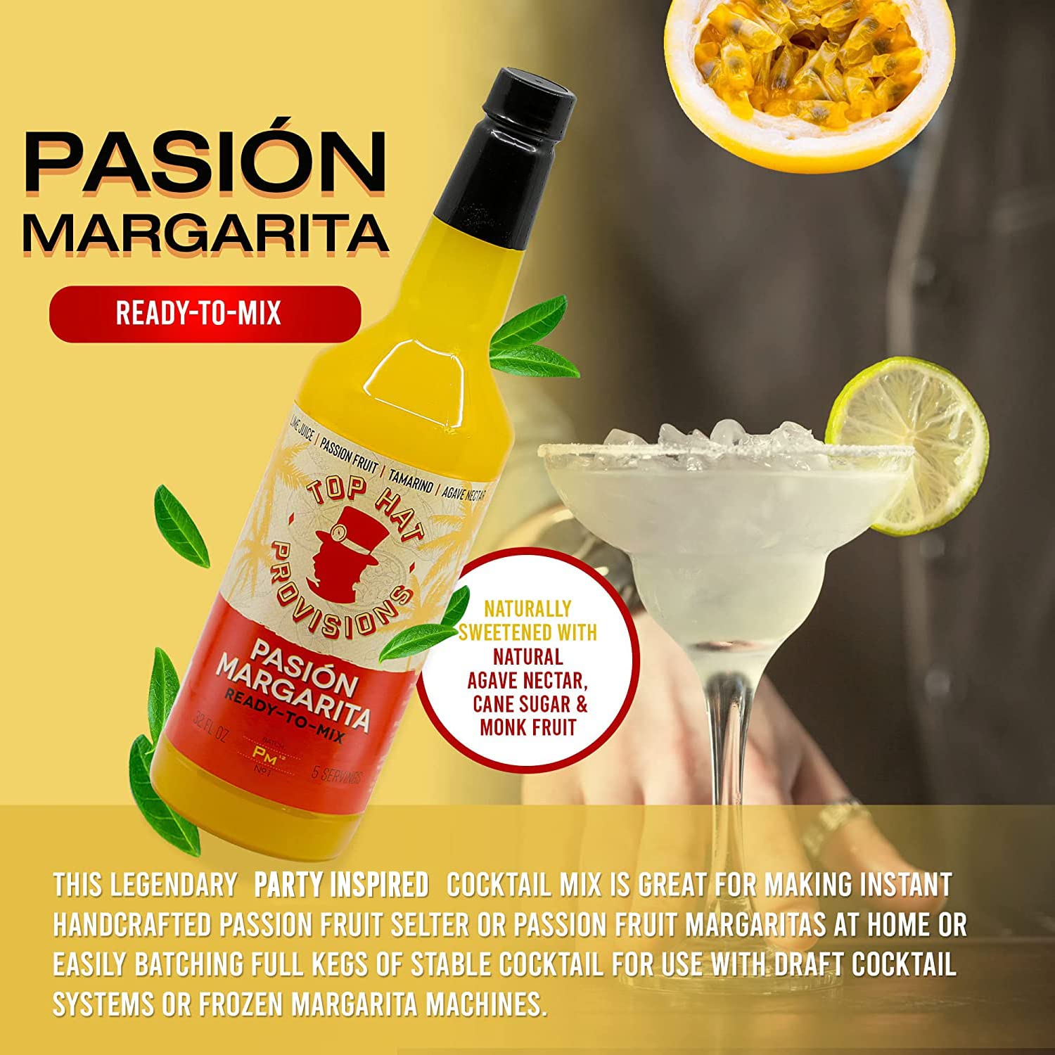 Premium Passion Fruit Margarita Mix - Handcrafted with Real Passion Fruit, Organic Agave Nectar & Lime Juice - Low Calorie Cocktail Mixer - 32oz Bottle - Perfect for Parties, Summer BBQs & Tropical Themed Events