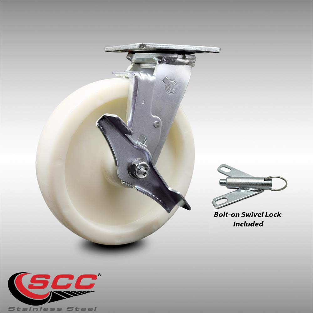 Heavy Duty Stainless Steel Swivel Caster with Top Lock Brake & Swivel Lock - 8 Inch Nylon Wheel with Ball Bearings - 1250 lbs Capacity - Ideal for Industrial Equipment, Restaurant Carts, and Warehouse Utility
