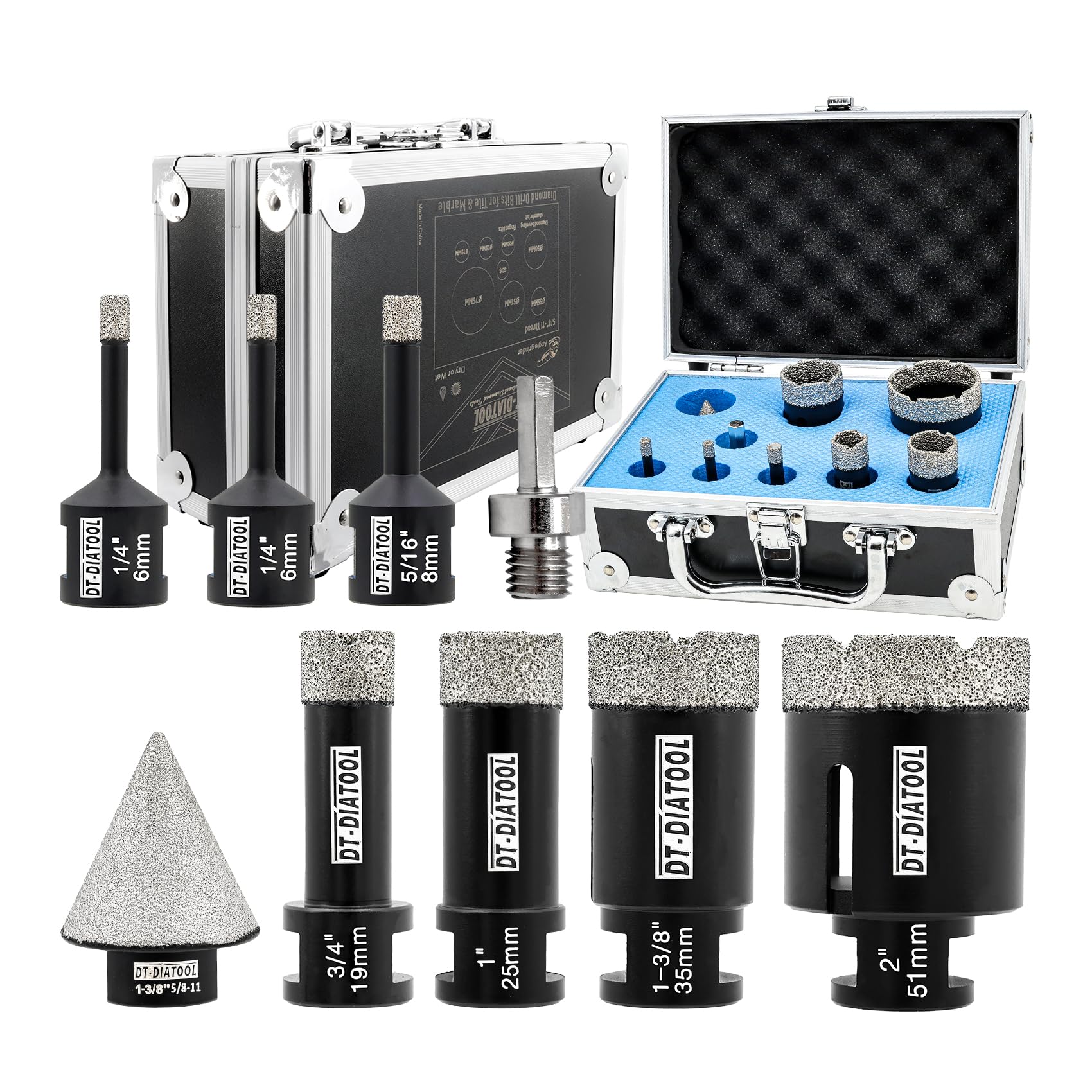 Premium Diamond Core Drill Bit Set 9pcs - 6/8/19/25/35/51mm Hole Saw Kit with 35mm Chemfer Bit & Hex Adapter for Porcelain, Ceramic Tile, Marble, Granite - Perfect for Bathroom Renovation, Kitchen Backsplash & Stone Countertop Installation