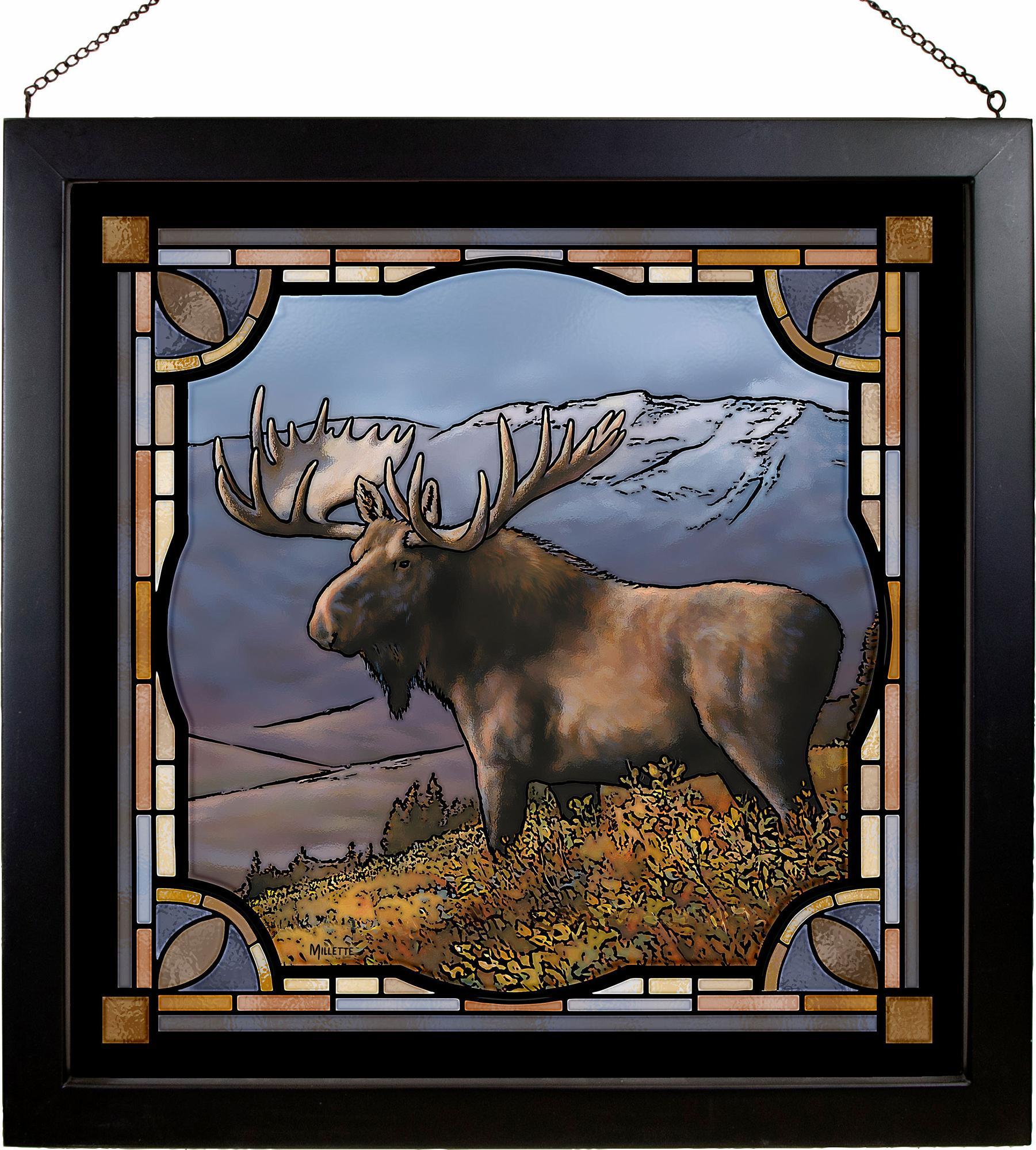 Bull Moose 20x20 Stained Glass Art Panel - Handcrafted Decorative Window Hanging for Home, Church & Wedding Decor