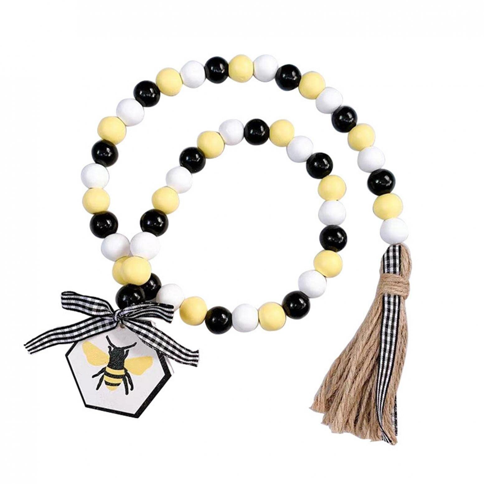 Honey Bee Decor Wood Bead Garland with Tassels - Rustic Farmhouse Home Decor for Spring & Summer, Perfect for Tiered Tray, Shelf Displays, Wall Hangings and Wedding Centerpieces