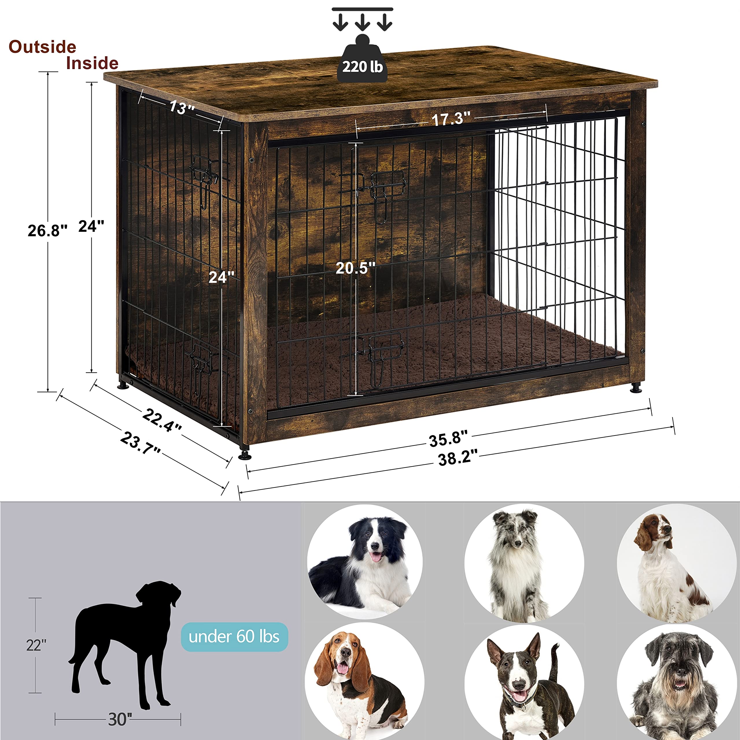 DWANTON Wooden Dog Crate Furniture with Cushion - Double Door Indoor Dog Kennel, Large Dog House & Cage (38.5