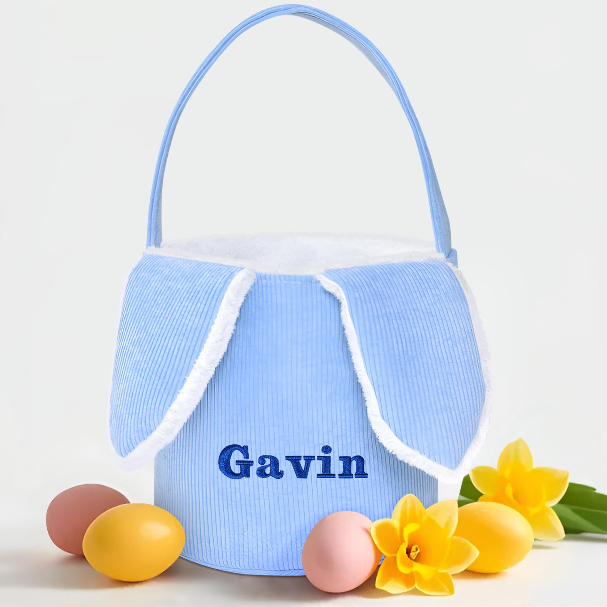 Personalized Easter Baskets for Kids - Blue Bunny Ear Easter Basket with Handle for Egg Hunt, Easter Party & Spring Decor | Jocidea Easter Gift Basket for Boys & Girls