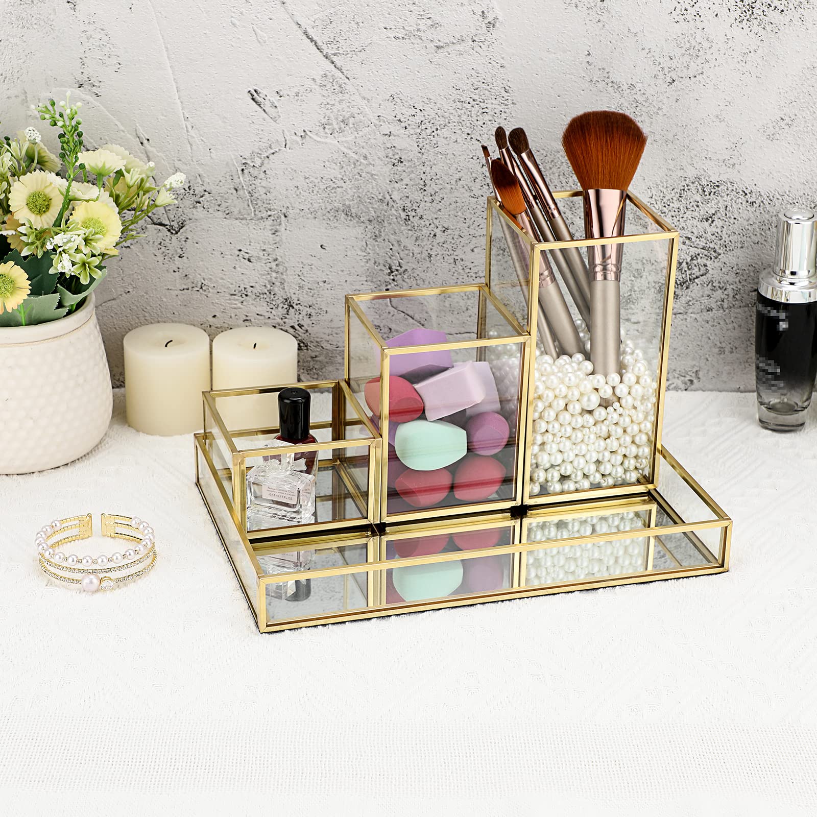 Tolida Gold Glass Cosmetic Organizer Set - Stackable Makeup Brush Holder, Jewelry Tray & Vanity Mirror Tray | Perfect for Dresser, Bathroom & Bedroom Organization | Elegant Storage Solution for Makeup Brushes, Eyeliners, Pens & Accessories