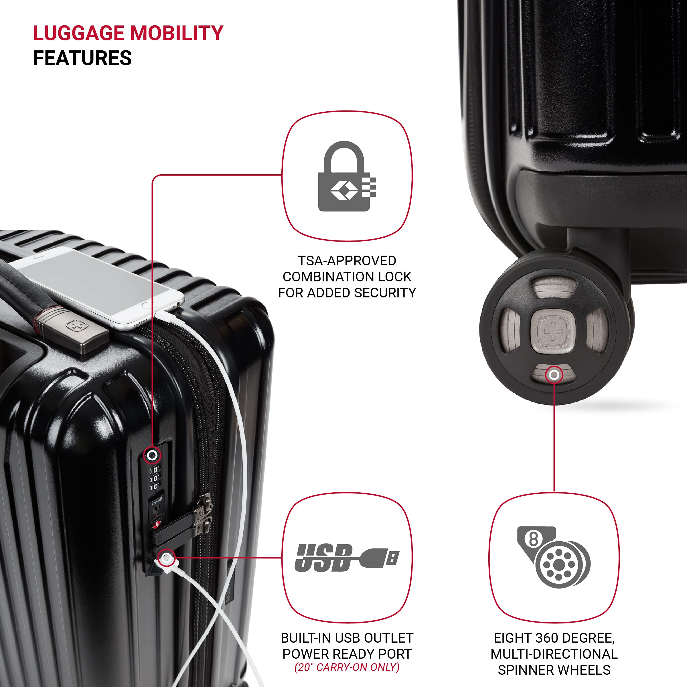 SwissGear 7910 Expandable Hardside Carry-On Luggage 20-Inch with 360° Spinner Wheels, TSA Lock & USB Charging Port - Black - Perfect for Business Travel & Weekend Getaways