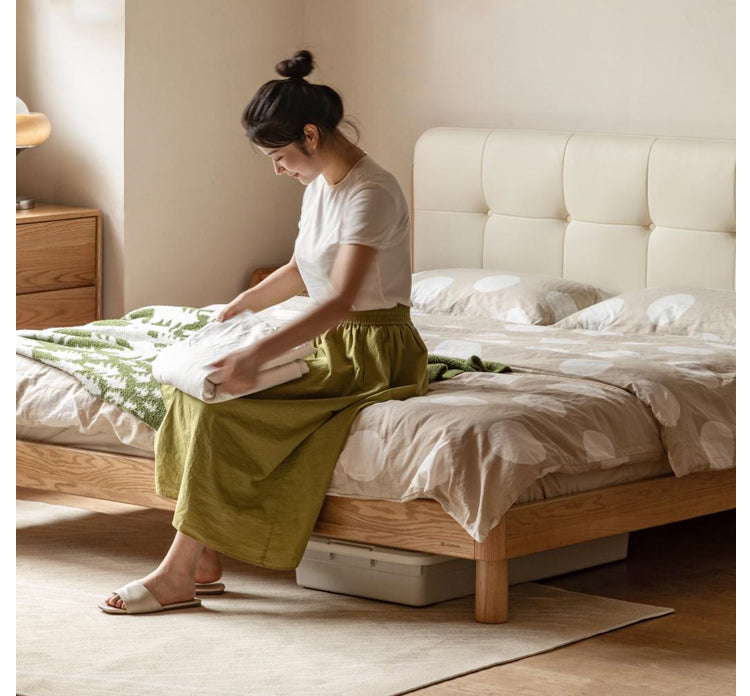 Solid Oak Wood Nordic Soft Back Bed - Modern Minimalist Design for Bedroom & Guest Room