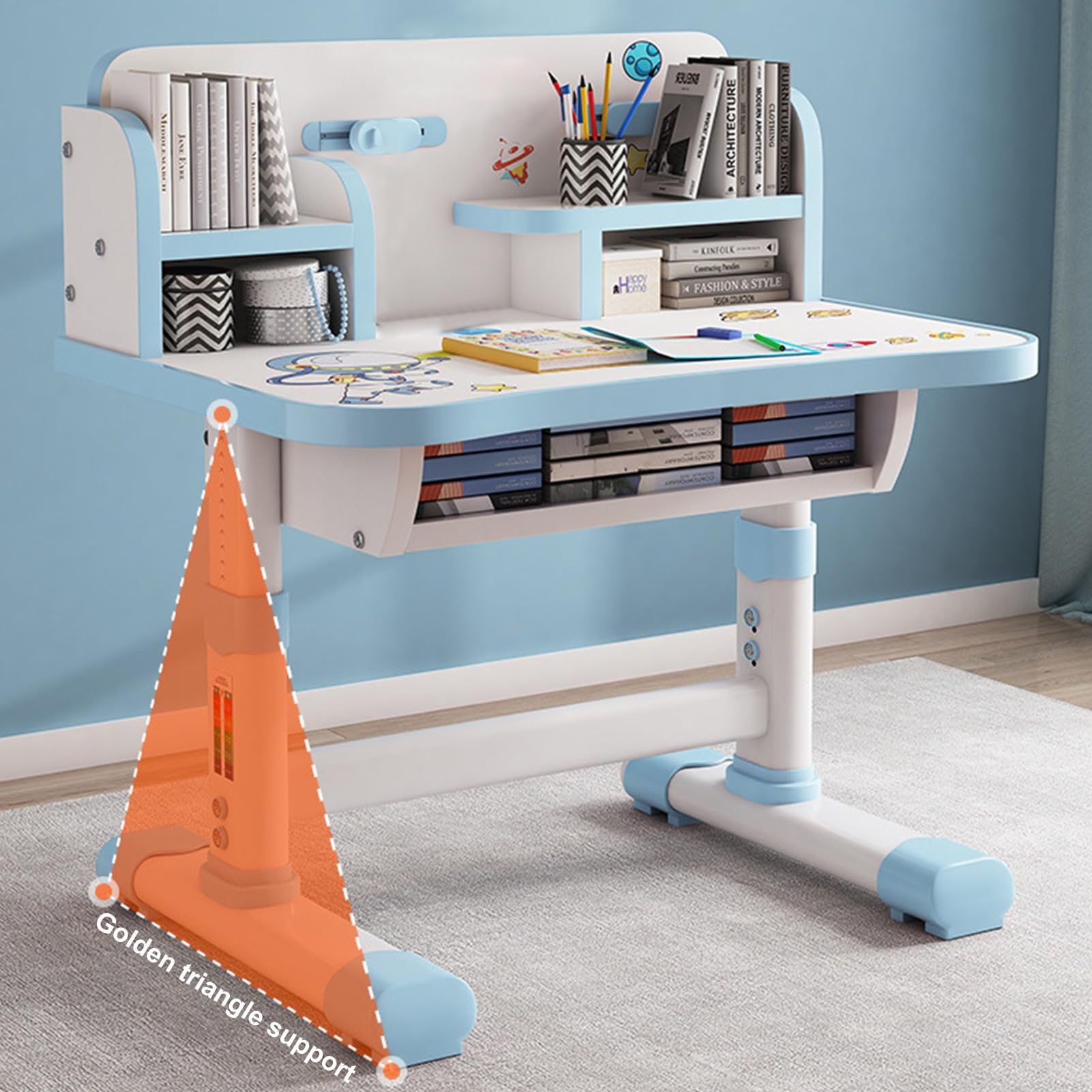 Adjustable Study Desk and Chair Set for Students - Ergonomic School Furniture with Book Stand & Storage Drawer, Blue | Perfect for Homeschooling, Online Classes & Small Spaces