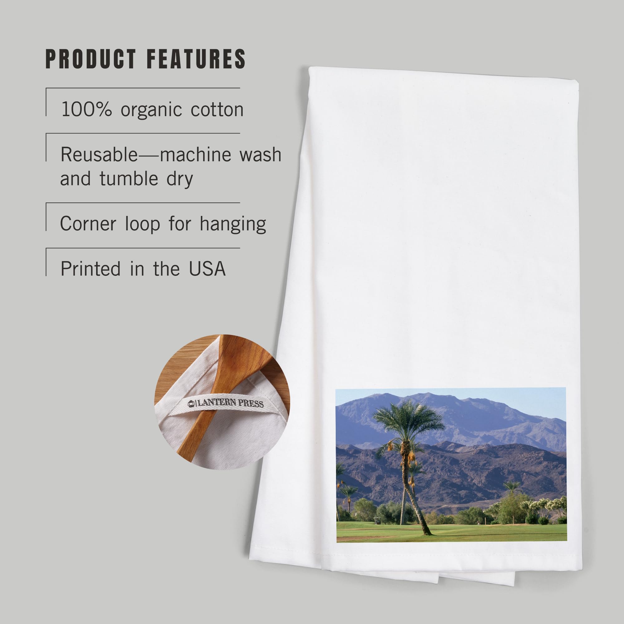Lantern Press Palm Tree and Mountains Golf Course 100% Cotton Tea Towel - Decorative Hand Towel for Kitchen, Bathroom & Home Decor - Perfect for Dish Drying, Gift Giving and Coastal Themed Decor