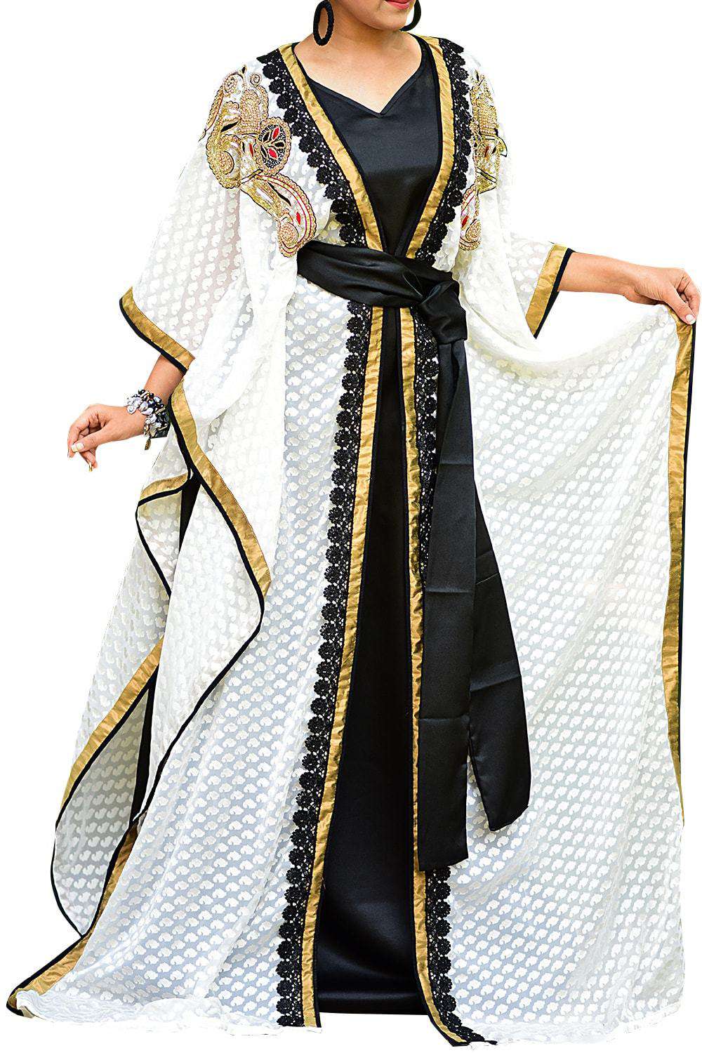Stylish Black and Off White Moroccan Kaftan Jacket for Women - Elegant Loungewear & Boho Chic Homewear