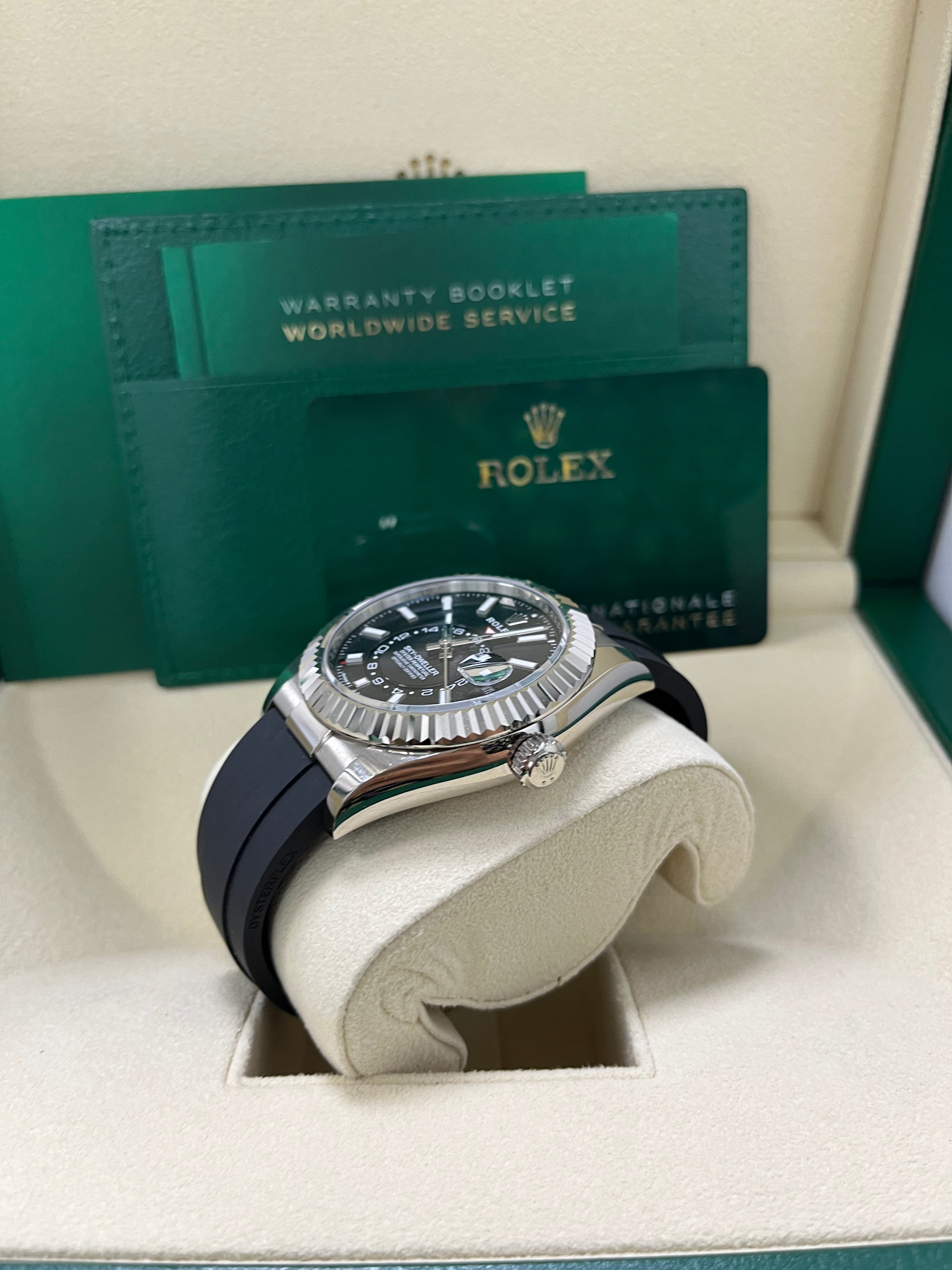 Rolex Sky-Dweller 42mm White Gold Watch with Fluted Bezel, Black Index Dial & Oysterflex Strap Ref. 336239 - Luxury GMT Master for Travel & Business Professionals