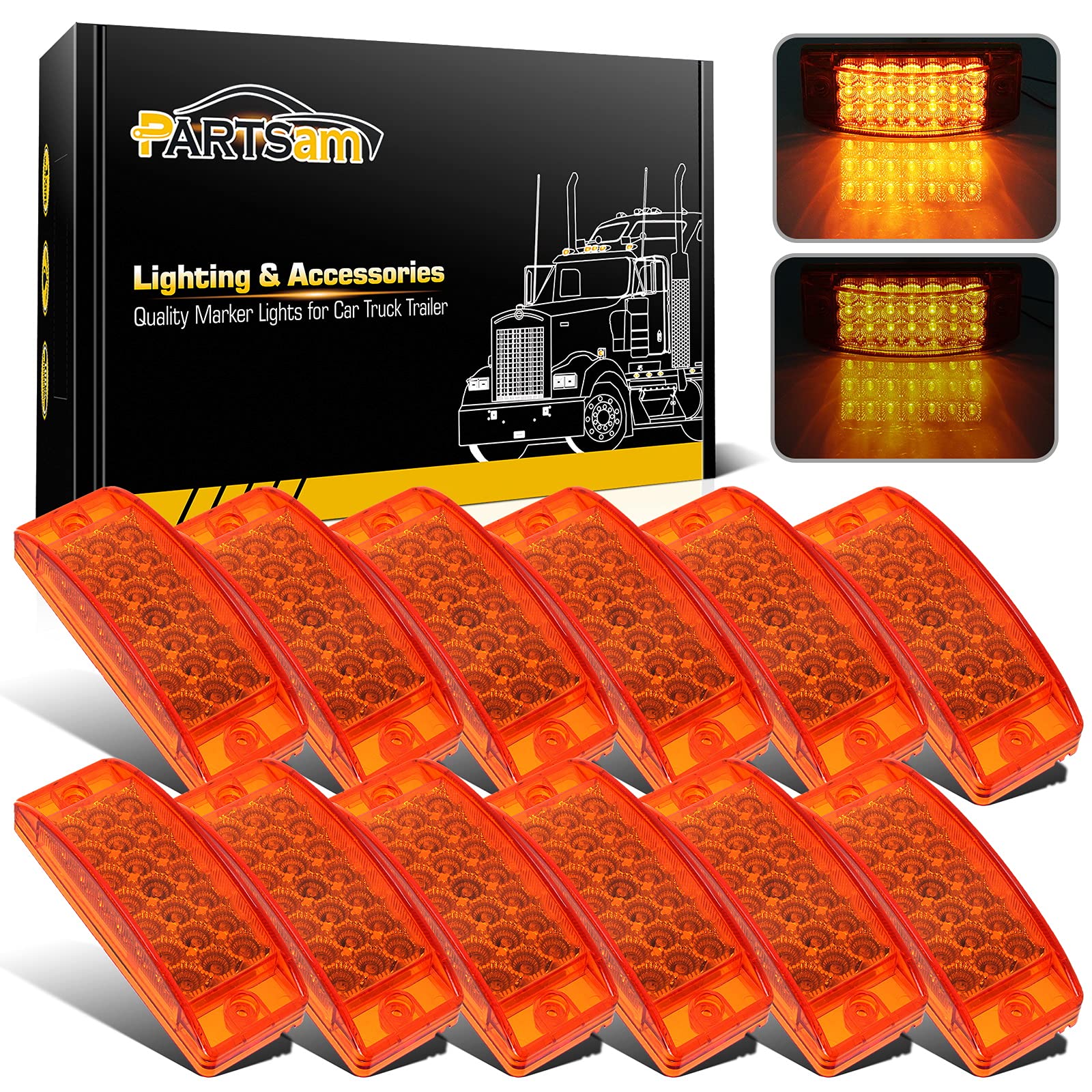Partsam 12Pcs 2x6 Inch Amber LED Rectangular Truck Trailer Marker Lights - Waterproof 12V Surface Mount with Reflectors, 21 Diodes for Semi Trailers, Boats & RVs - Durable Lighting for Night Visibility & Safety
