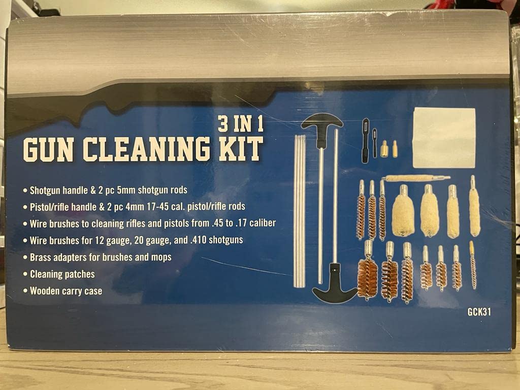 Universal Gun Cleaning Kit GCK31 Deluxe Wood Case - 3-in-1 Rifle & Pistol Maintenance Tool Set for Hunting, Shooting Range & Home Defense