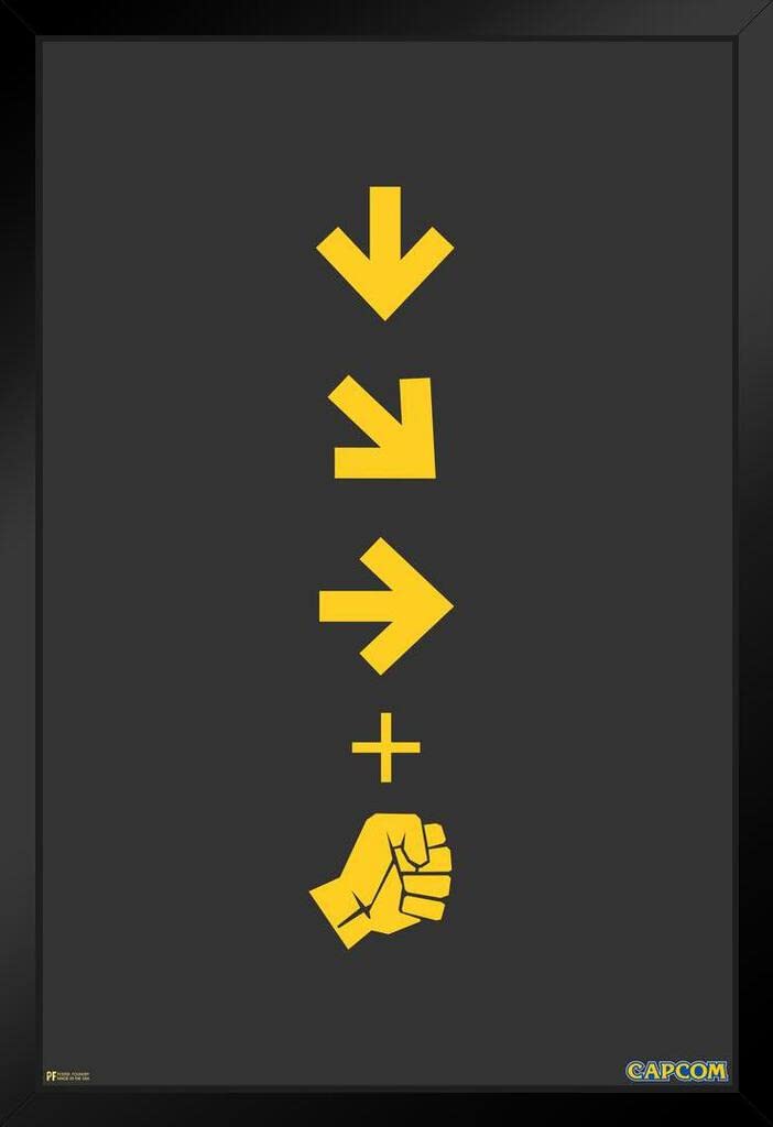 Street Fighter Hadoken Combo Buttons Art - CAPCOM Video Game Merchandise - Classic Fighting Game Wall Decor - Black Wood Framed Poster 14x20 - Perfect for Gamers Room, Man Cave & Arcade Themed Decor
