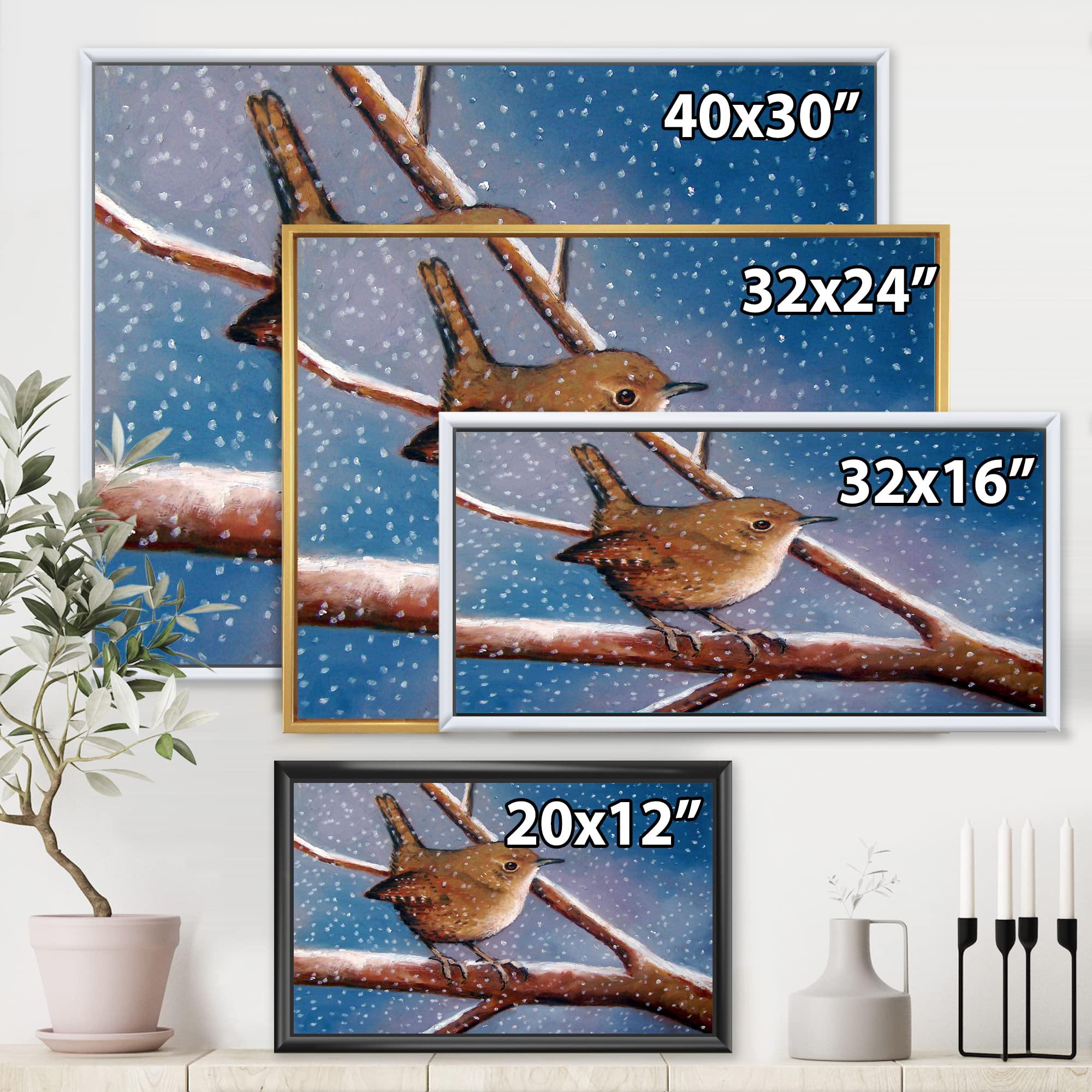 DesignQ Wren In Winter - Farmhouse Framed Canvas Wall Art Print - Rustic Home Decor for Living Room, Bedroom & Office - Perfect Christmas Gift & Seasonal Wall Decor