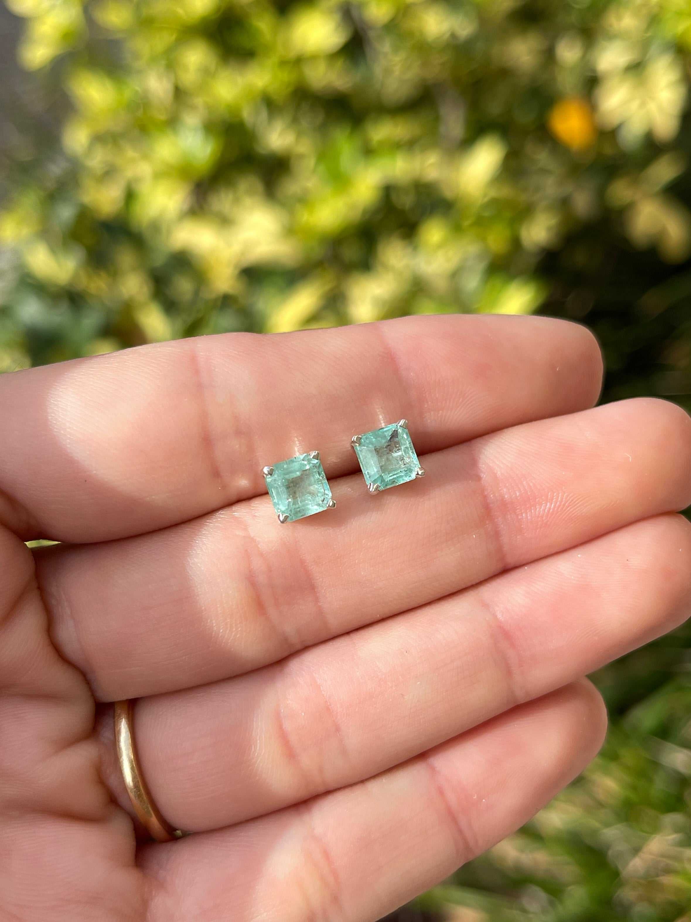 2.0tcw Natural Asscher Cut Colombian Emerald Stud Earrings .925 Sterling Silver for Women - Perfect for Weddings, Parties & Everyday Elegance
