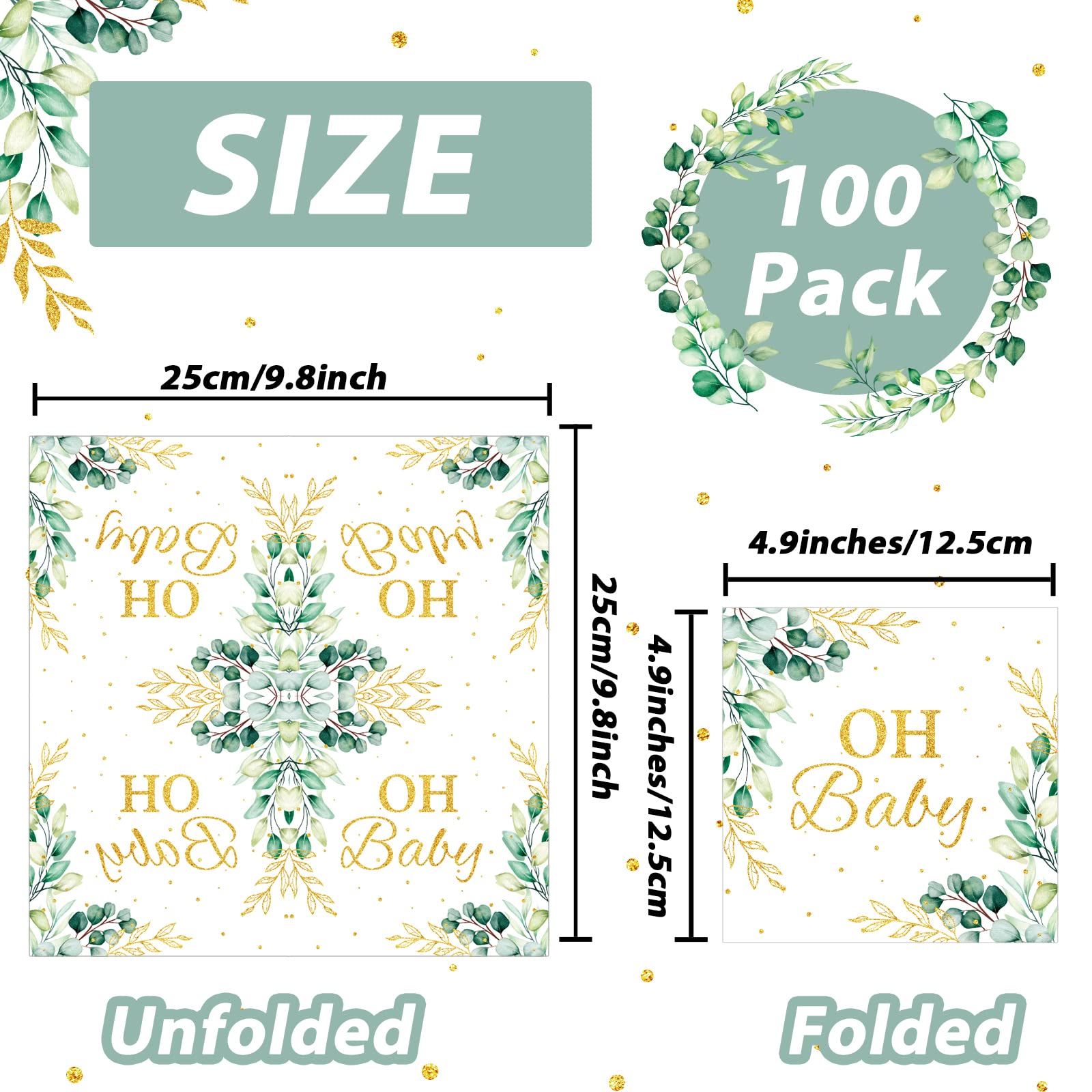 Premium Eucalyptus Leaf Design Disposable Paper Napkins - 100 Pack, Sage Green Baby Shower Party Supplies for Boys Girls Kids, Elegant Table Decorations for Luncheons, Bridal Showers & Birthday Parties