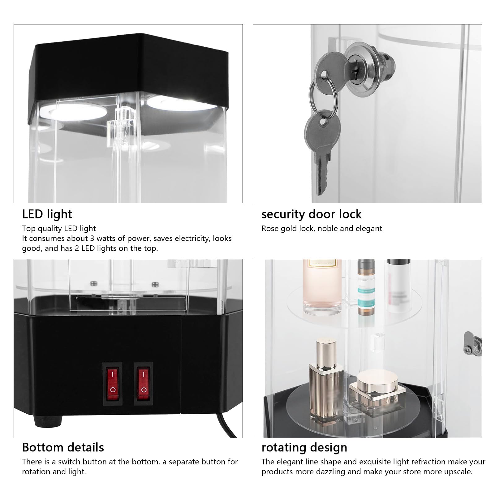 360° Rotating LED Acrylic Display Case with Lock & Keys - 2-Tier Electric Jewelry Showcase for Watches, Sunglasses & Cosmetics | Perfect for Retail Stores, Boutiques and Trade Show Displays