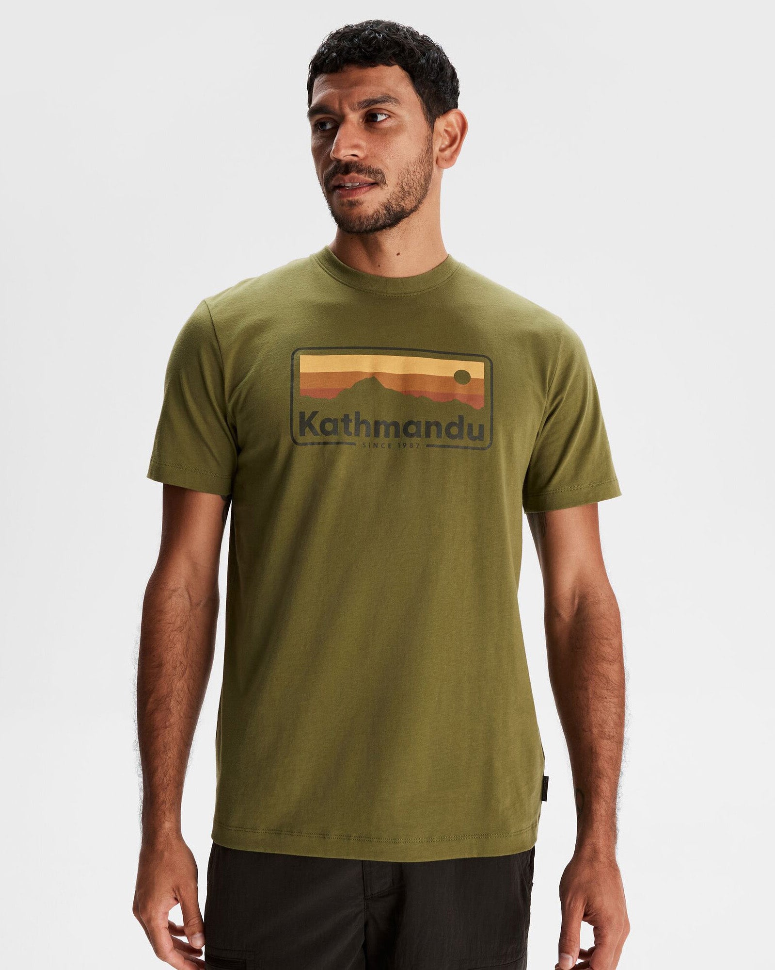 Men's Kathmandu Logo 70's Vintage Organic Cotton T-Shirt - Dark Fern Green for Casual Wear & Outdoor Adventures