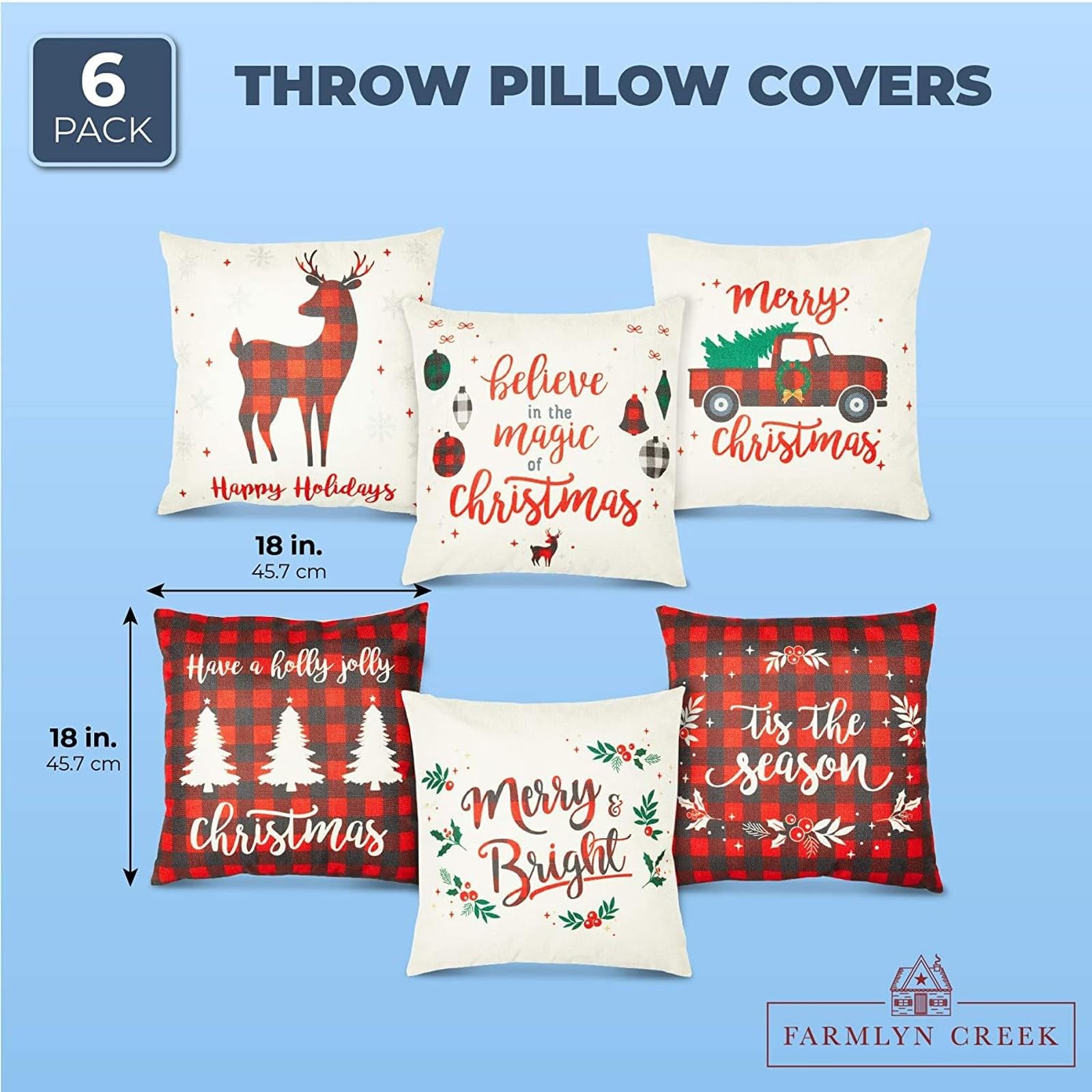 Farmlyn Creek Set of 6 Christmas Throw Pillow Covers 18x18 Inches - Holiday Home Decor for Sofa, Bed & Living Room - Xmas Decorative Cushion Covers Perfect for Festive Season & Winter Decor
