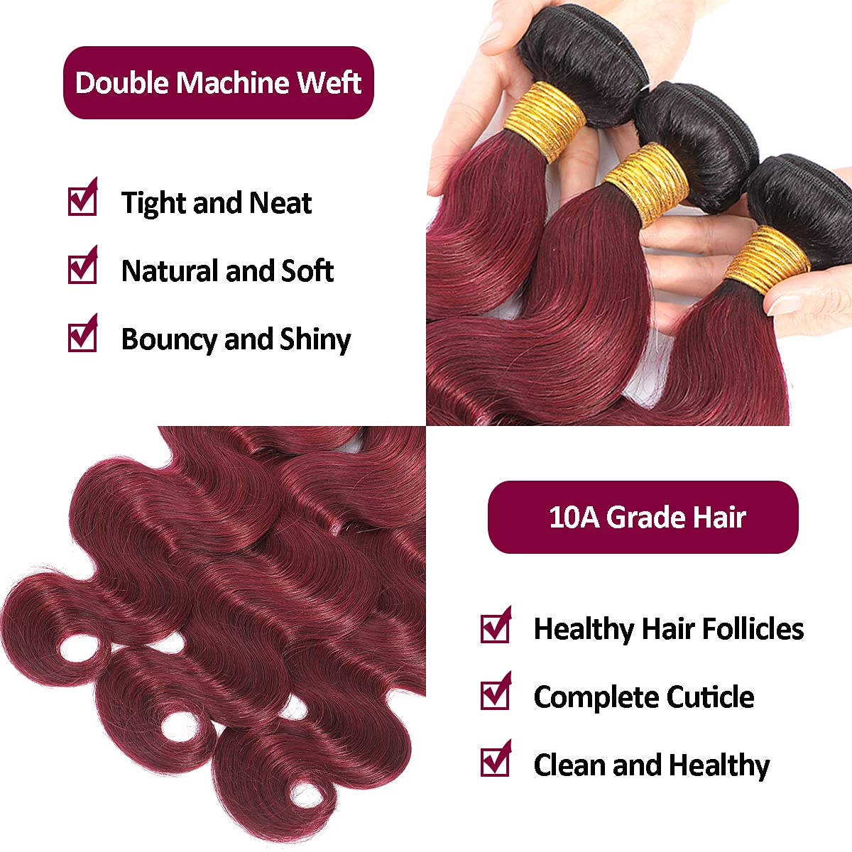 Ombre Bundles Human Hair 3 Pieces 300 Gram - 100% Brazilian Human Hair Extensions (1B Burgundy Body Wave) - 10A Soft Weave Bundles 16 18 20 Inch for Stunning Hairstyles - Perfect for Parties, Weddings & Everyday Glam