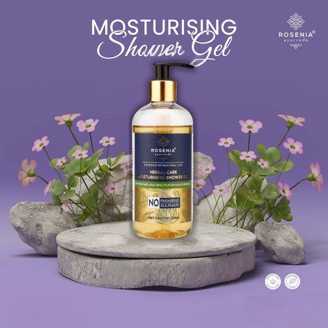 Rosenia Ayurveda Moisturizing Shower Gel for Men & Women - Aloe Vera, Fruit Extracts & Vitamin C Enriched - 300ml | Hydrating Body Wash for Dry Skin, Daily Shower & Spa Relaxation