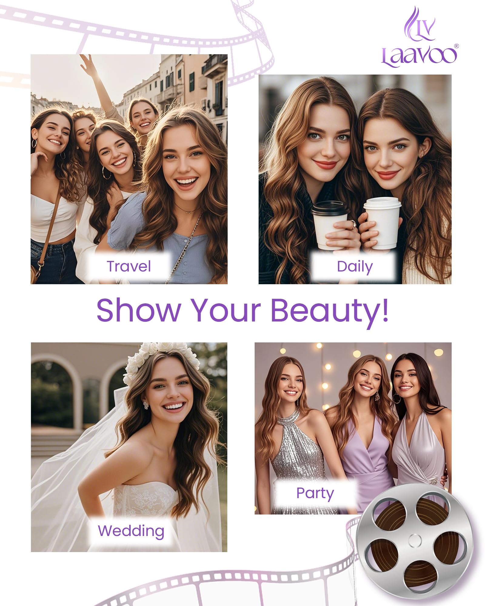 LaaVoo Ombre Tape-In Hair Extensions 20 Inch - Darkest Brown to Light Brown Blend, 20pcs 50g, 100% Human Hair, Silky Straight - Perfect for Parties, Weddings & Daily Styling