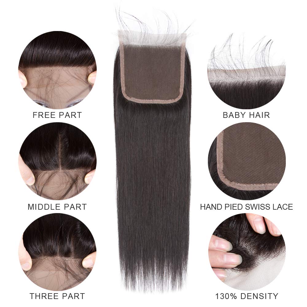 ALLRUN 100% Unprocessed Brazilian Virgin Straight Human Hair Bundles with Lace Closure - 20 22 24+18 Inch - Natural Free Part Hair Extensions for Styling & Volume | Perfect for Daily Wear, Parties & Special Occasions