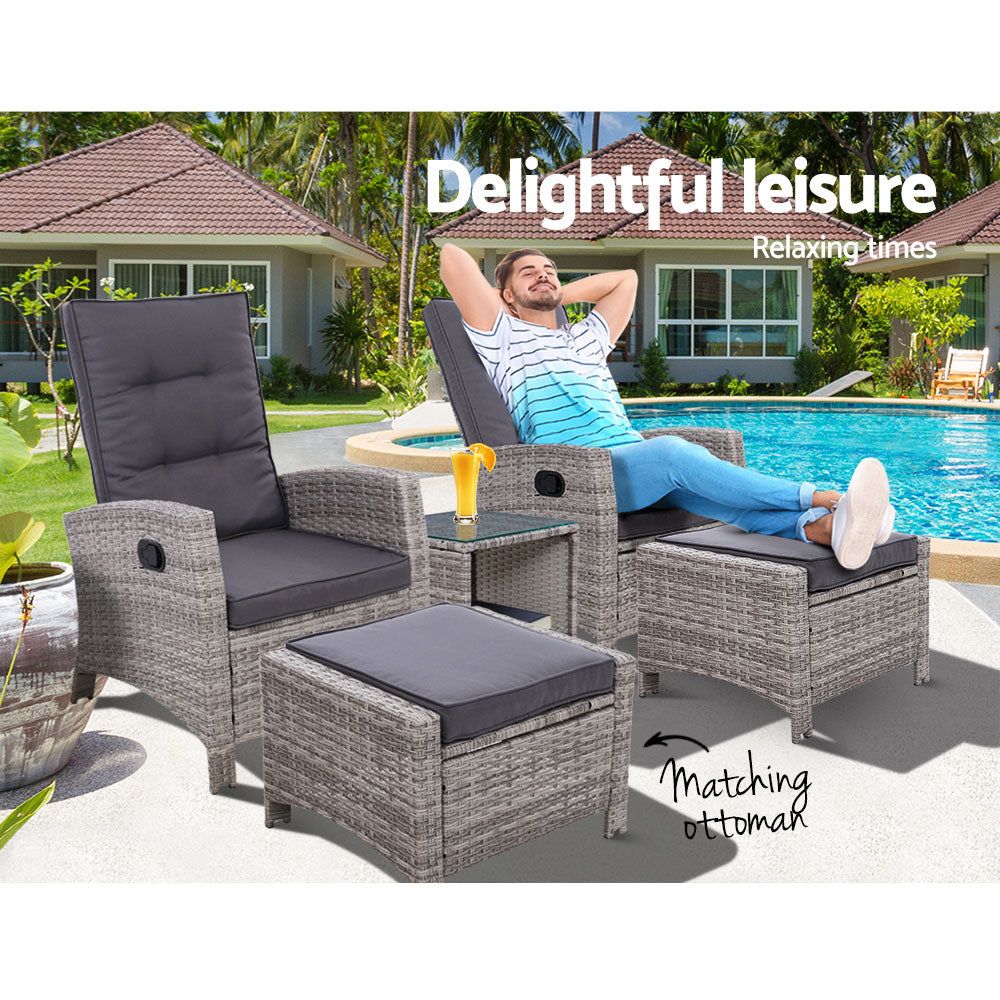 Gardeon 5-Piece Outdoor Patio Furniture Set - Wicker Recliner Chairs & Table - Grey Lounge Set for Backyard, Poolside & Garden Relaxation