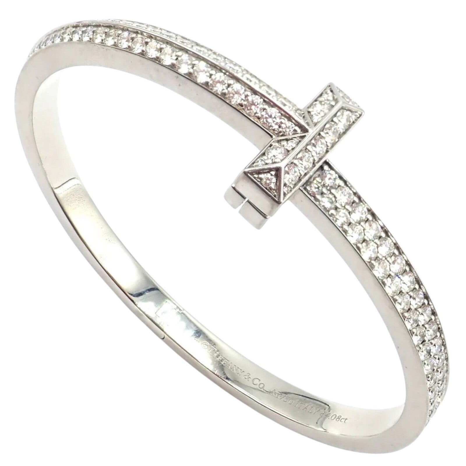 Authentic Tiffany & Co 18k White Gold Diamond T1 Wide Hinged Bangle Bracelet - Luxury Jewelry for Women, Perfect for Weddings, Anniversaries & Special Occasions